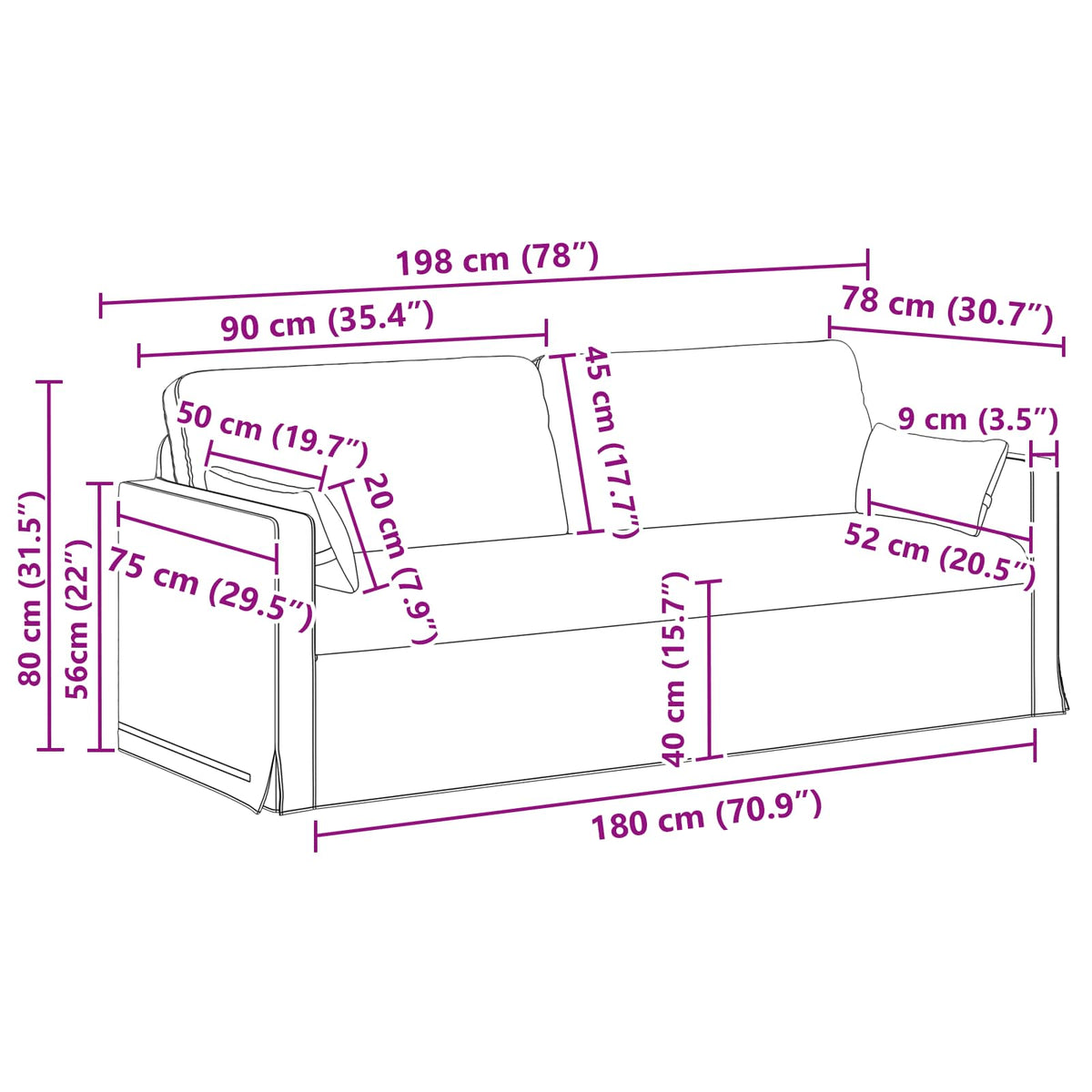 Sofa Black 198 x 78 x 80 cm Fabric