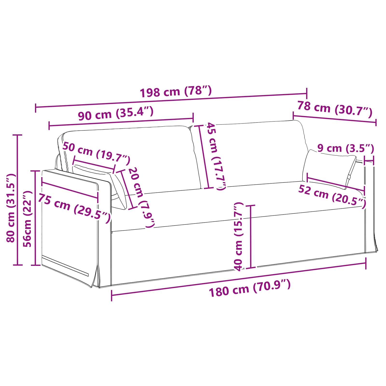 Sofa Black 198 x 78 x 80 cm Fabric