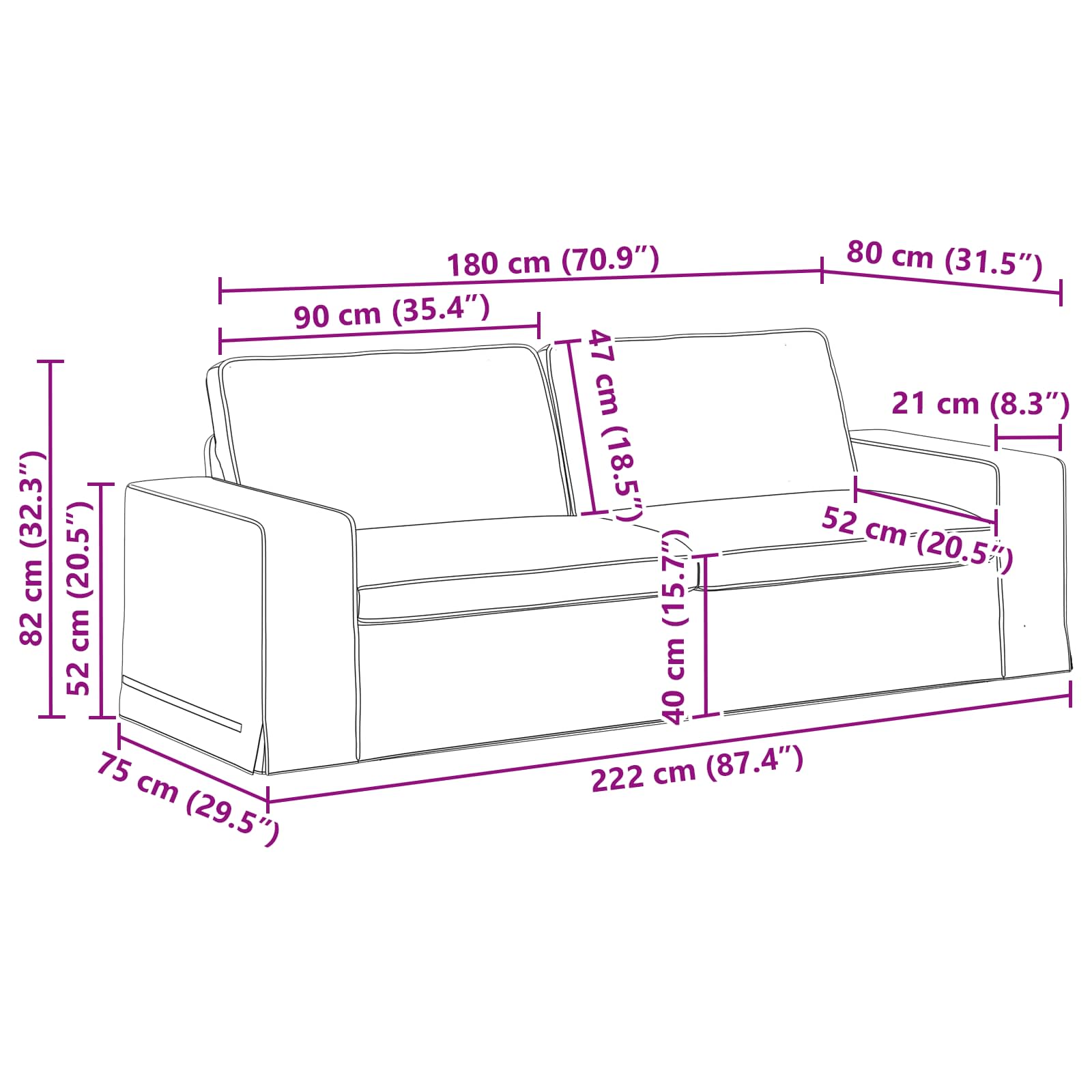 Sofa Black 222 x 80 x 82 cm Fabric