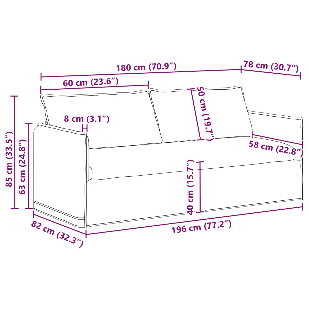 Sofa Dark Grey 196 x 82 x 85 cm Fabric