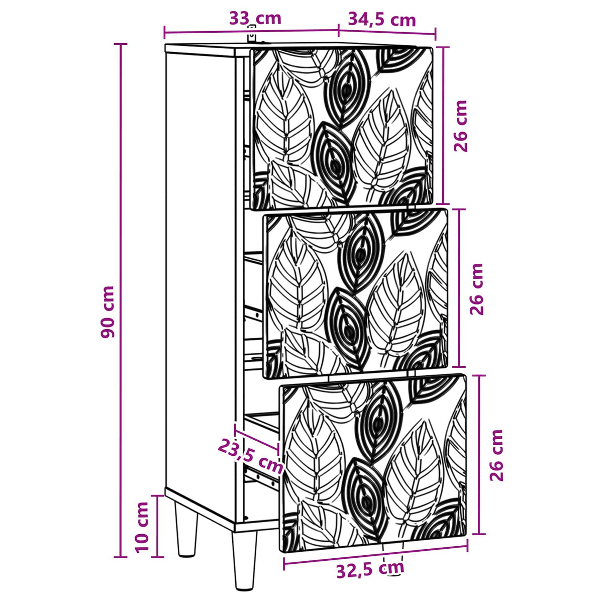 Drawer Cabinet White 33 x 34.5 x 90 cm Engineered Wood