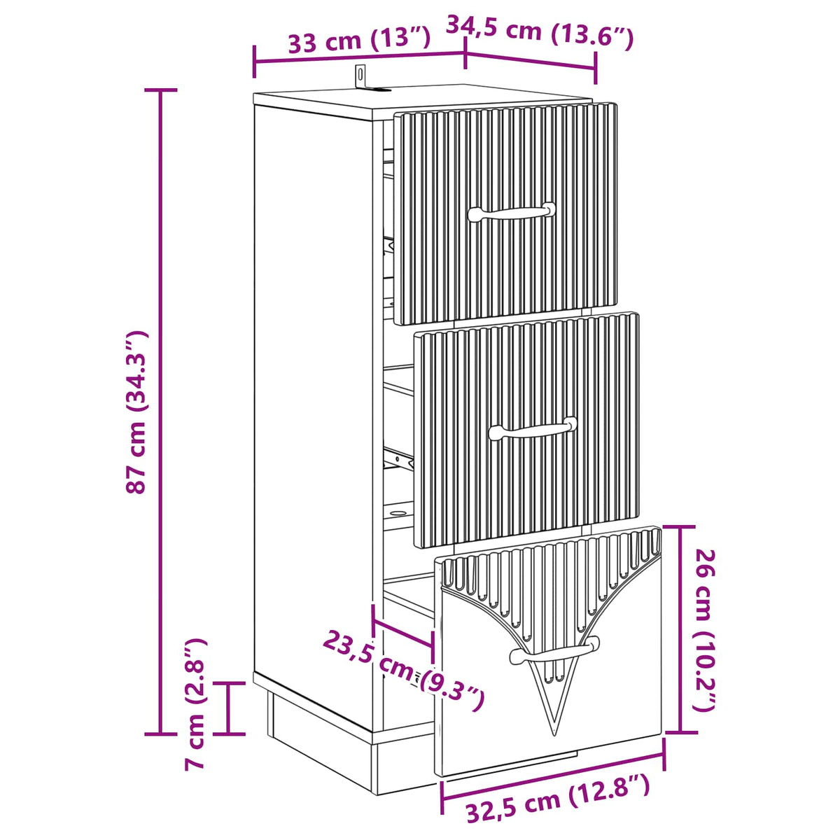 Drawer Cabinet White 33 x 34.5 x 87 cm Engineered Wood