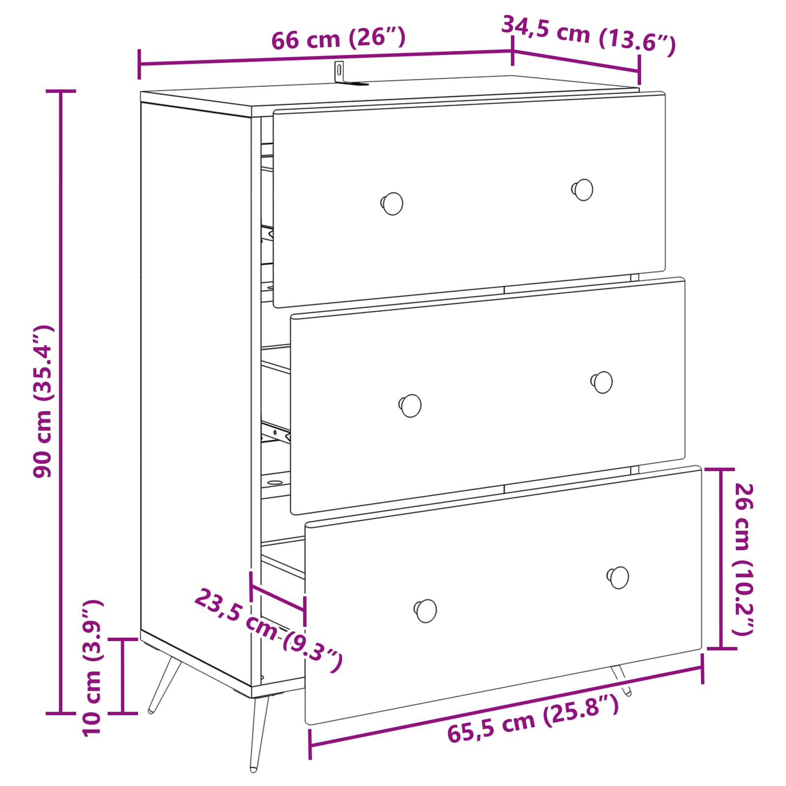 Drawer Cabinet White 66 x 34.5 x 90 cm Engineered Wood