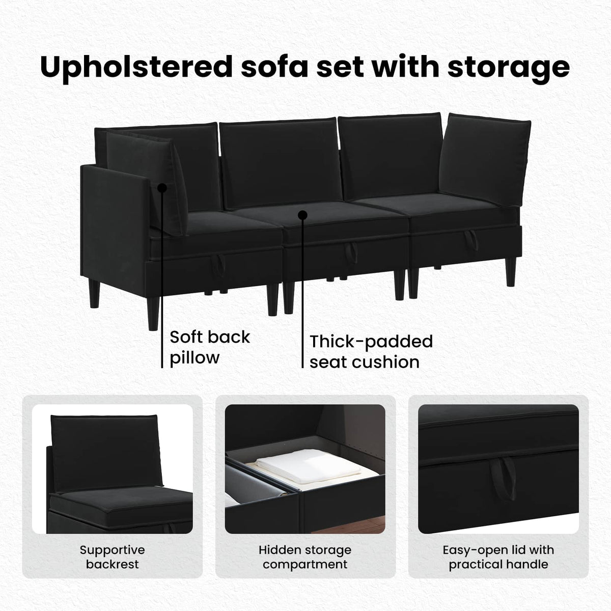 Living Room Furniture Set with Cushion 3 pcs Black Velvet