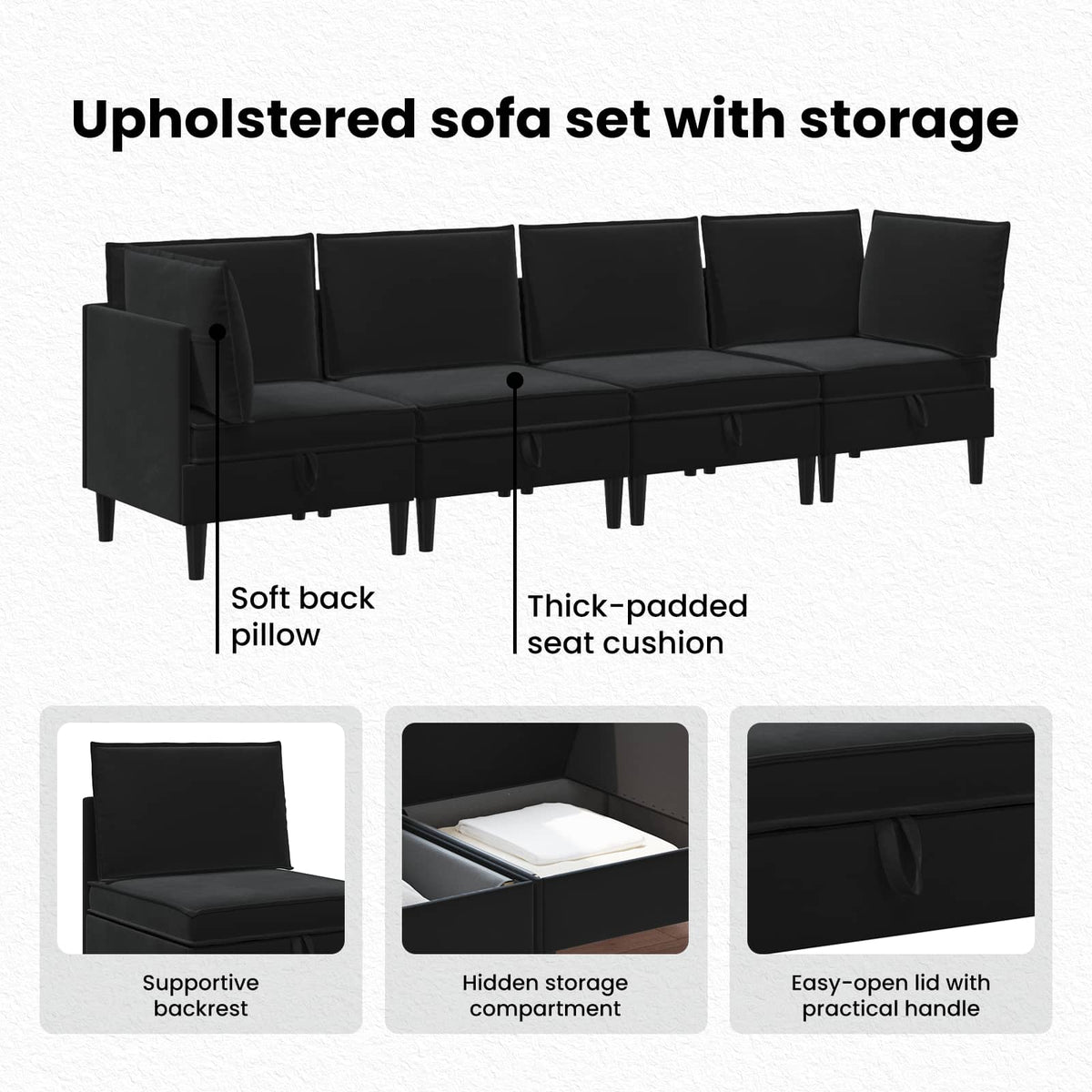 Living Room Furniture Set with Cushion 4 pcs Black Velvet