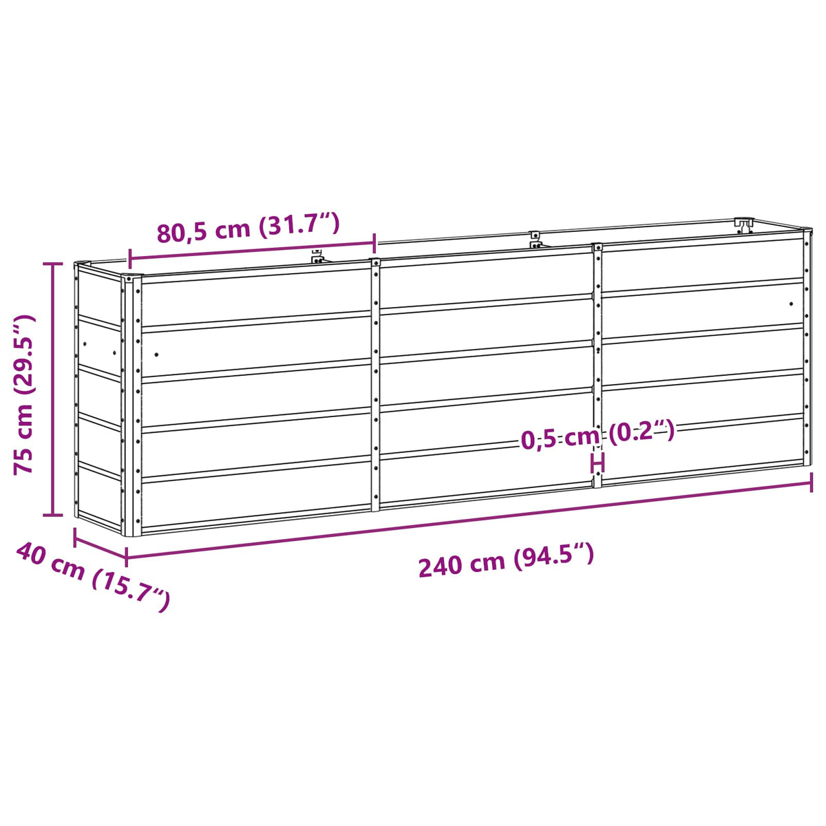 Planter Green 240 x 40 x 75 cm Steel
