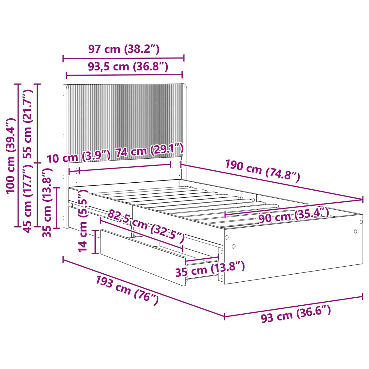 Bed Frame with Storage and Headboard White 90 x 190 cm
