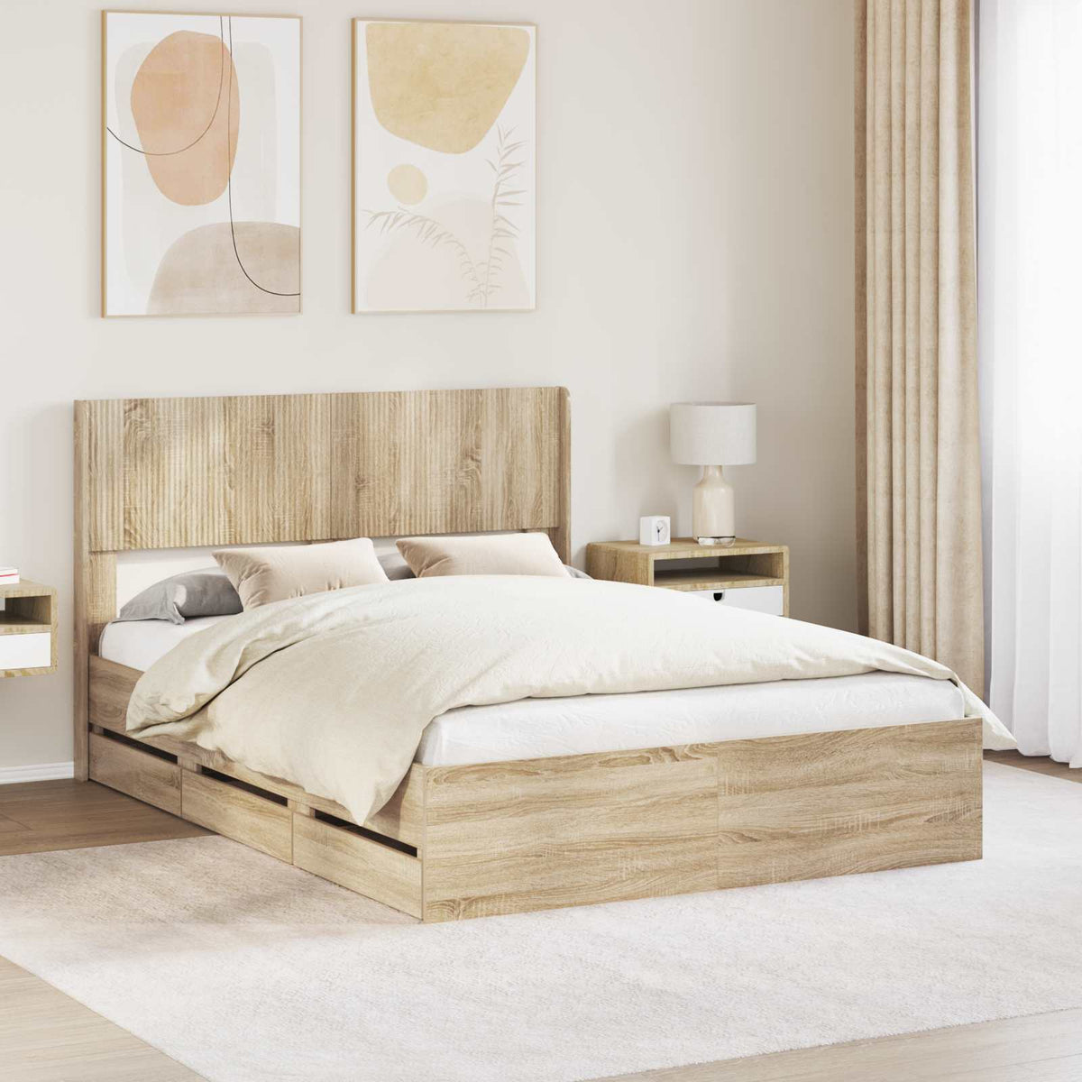 Bed Frame with Storage and Headboard Sonoma Oak 135 x 190 cm