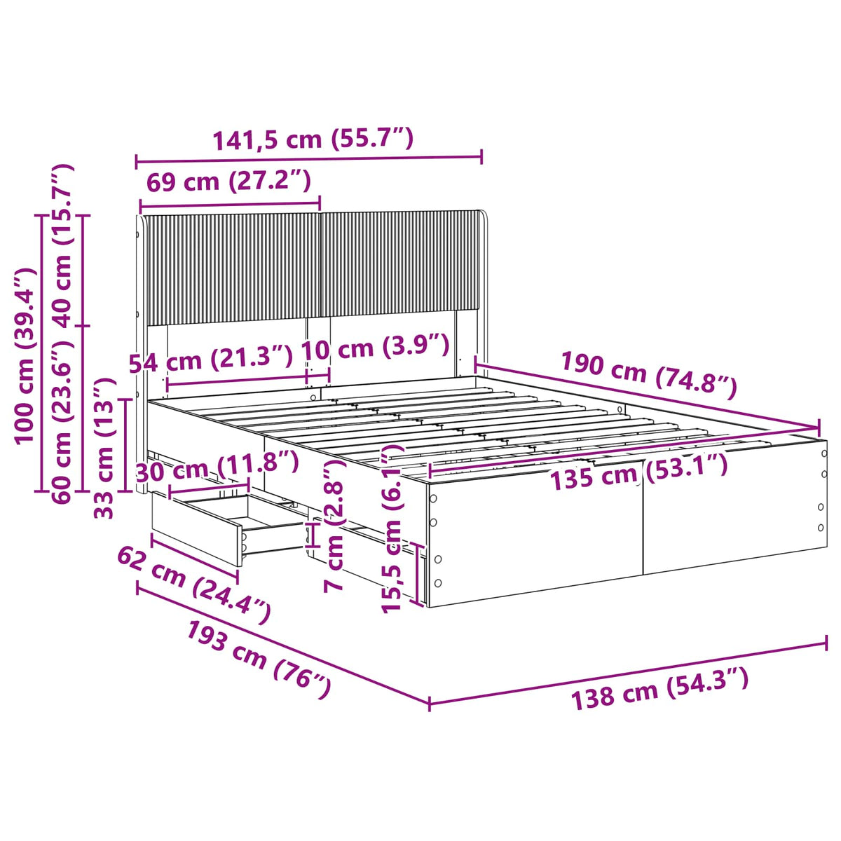 Bed Frame with Storage and Headboard Sonoma Oak 135 x 190 cm
