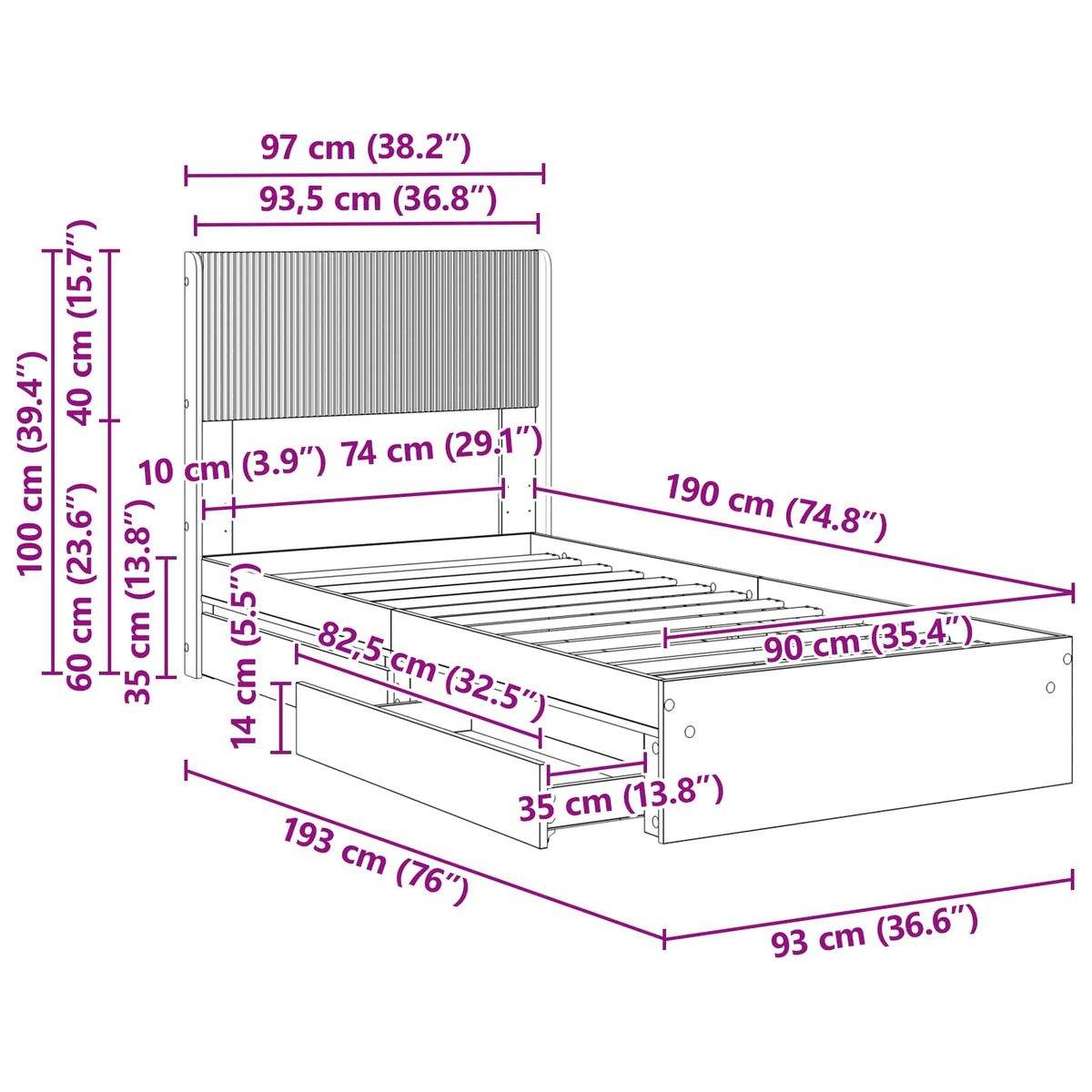 Bed Frame with Storage and Headboard White 90 x 190 cm
