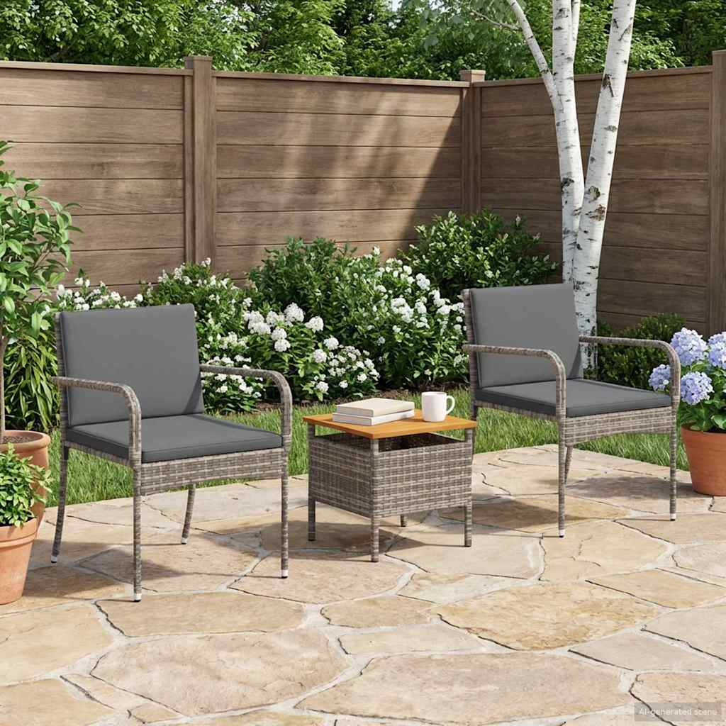 Garden Bistro Set with Cushion 3 pcs Grey Poly Rattan