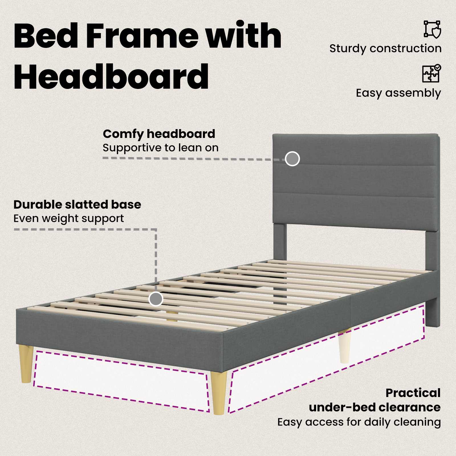 Bed Frame with Headboard Dark Grey 90 x 190 cm Fabric