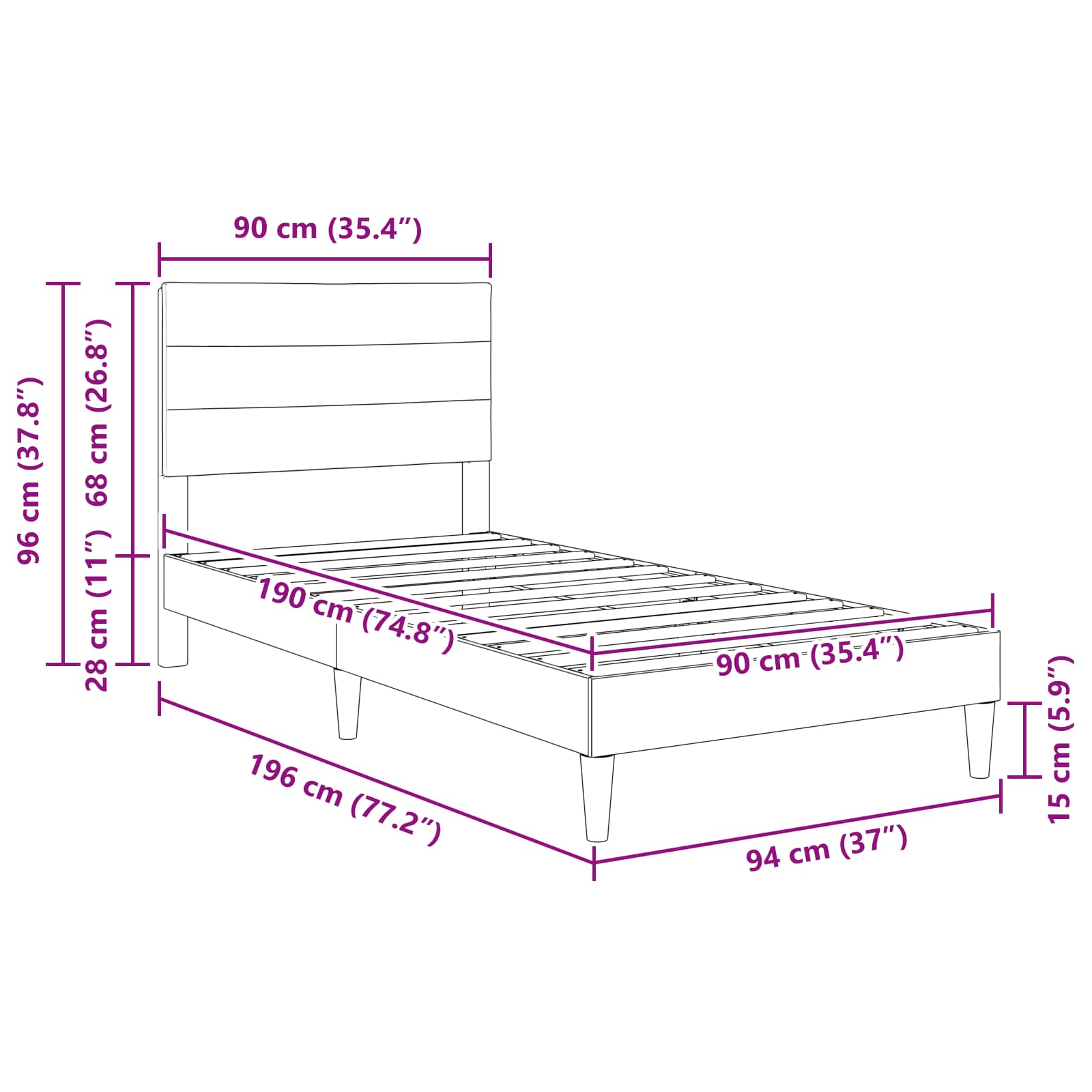 Bed Frame with Headboard Dark Grey 90 x 190 cm Fabric