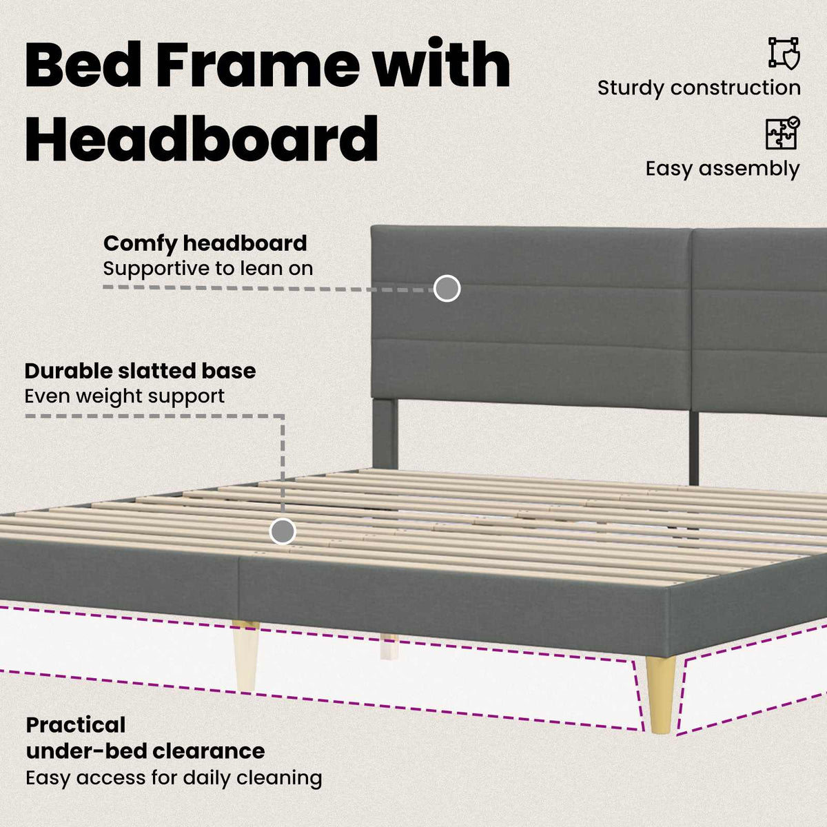 Bed Frame with Headboard Dark Grey 180 x 200 cm Fabric