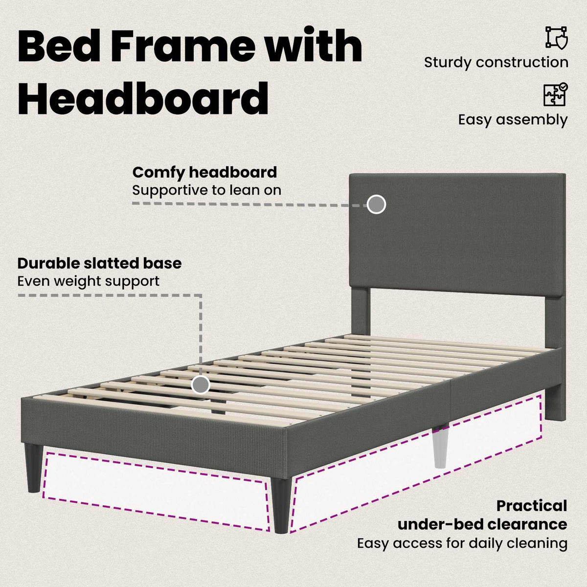 Bed Frame with Headboard Dark Grey 90 x 190 cm Corduroy Fabric