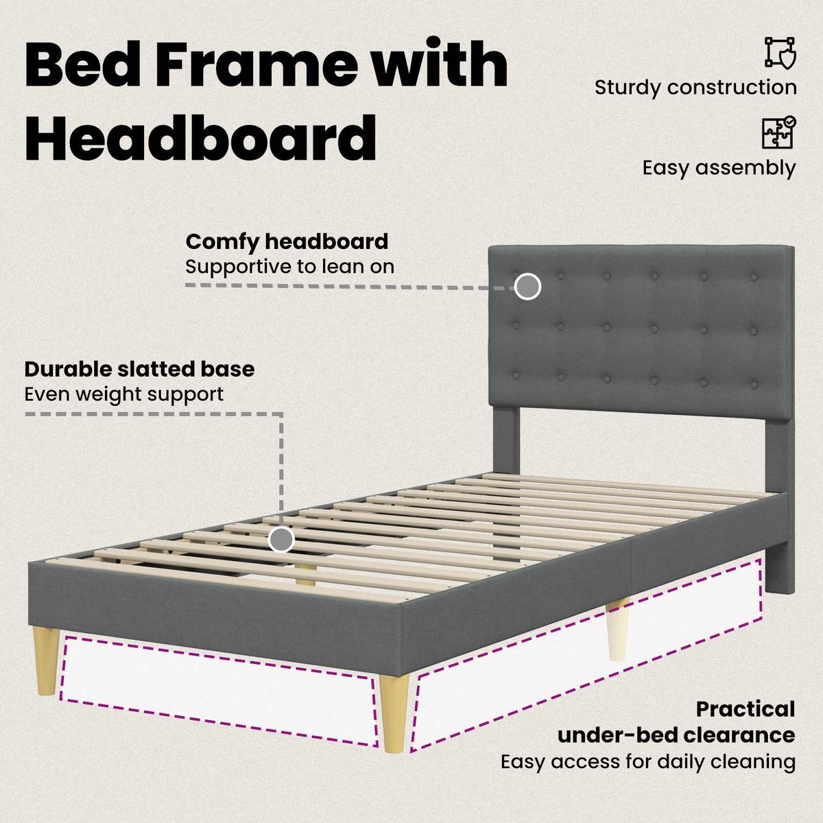 Bed Frame with Headboard Dark Grey 90 x 190 cm Fabric