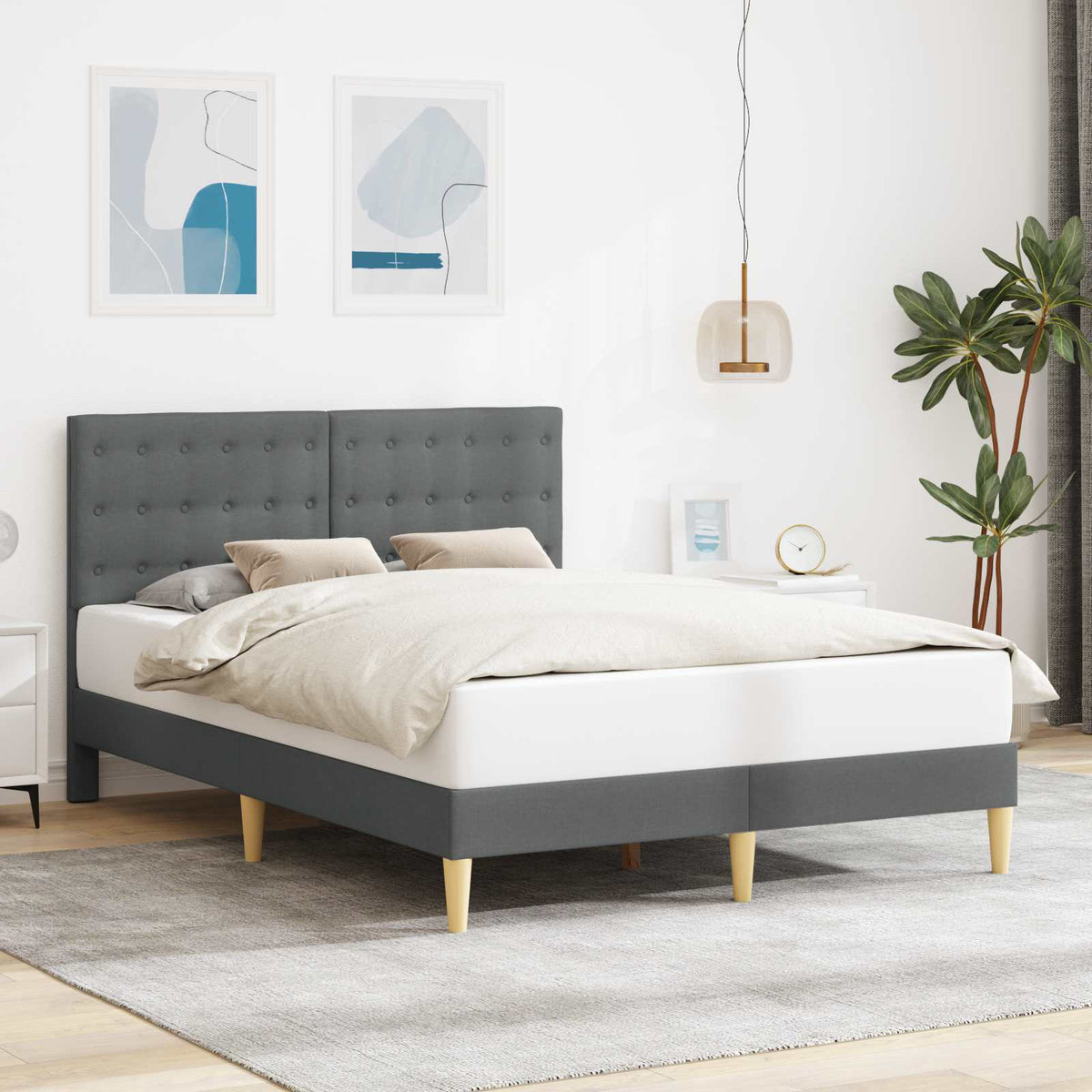 Bed Frame with Headboard Dark Grey Fabric