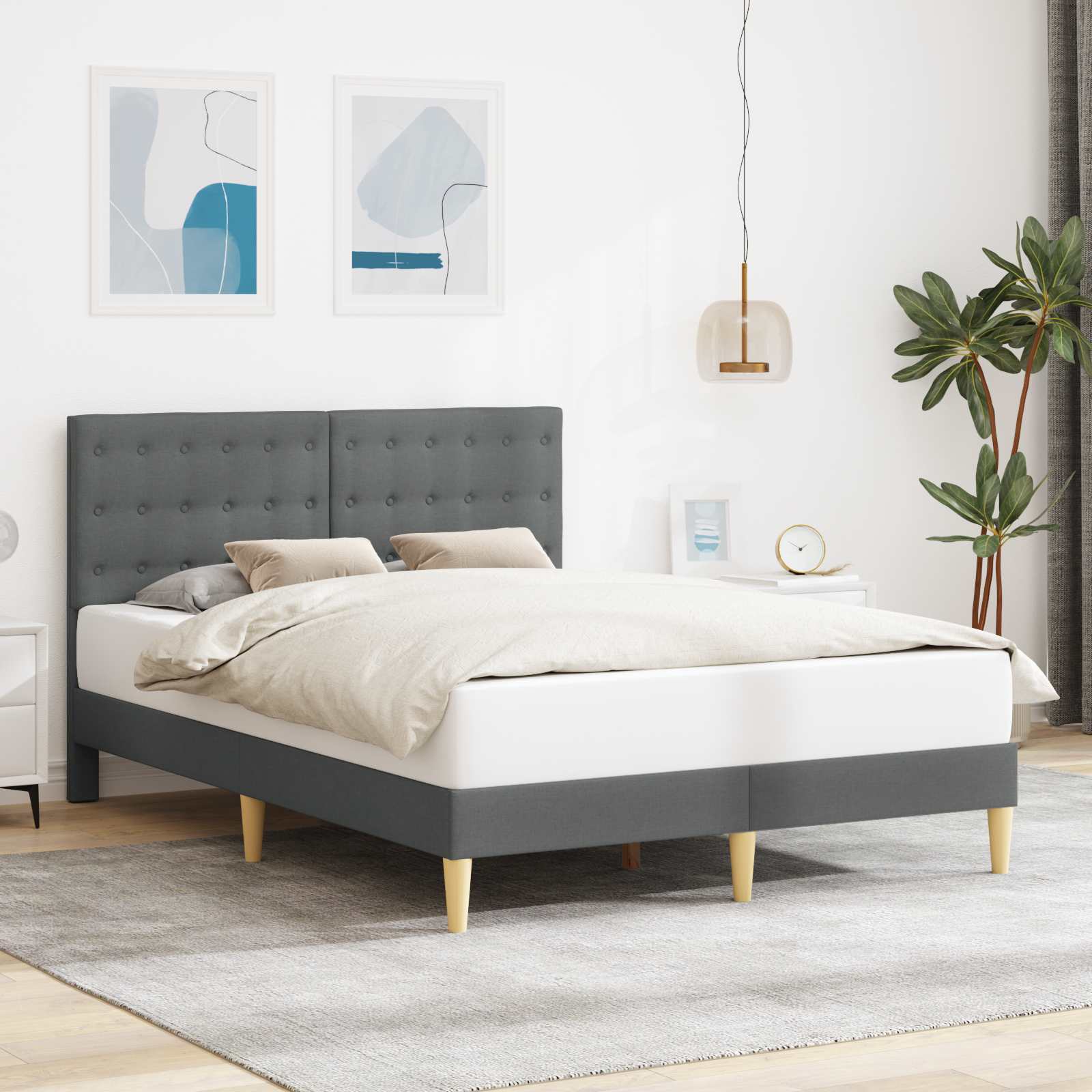 Bed Frame with Headboard Dark Grey Fabric