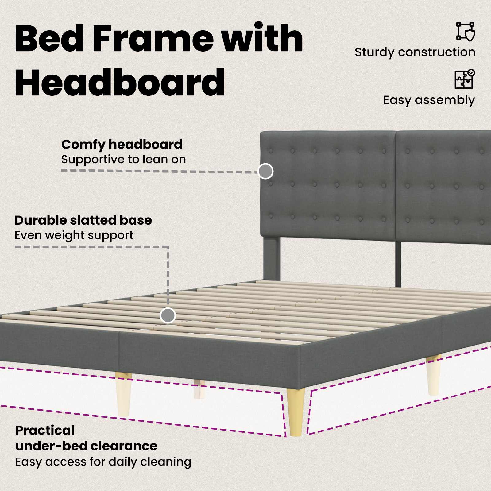 Bed Frame with Headboard Dark Grey Fabric