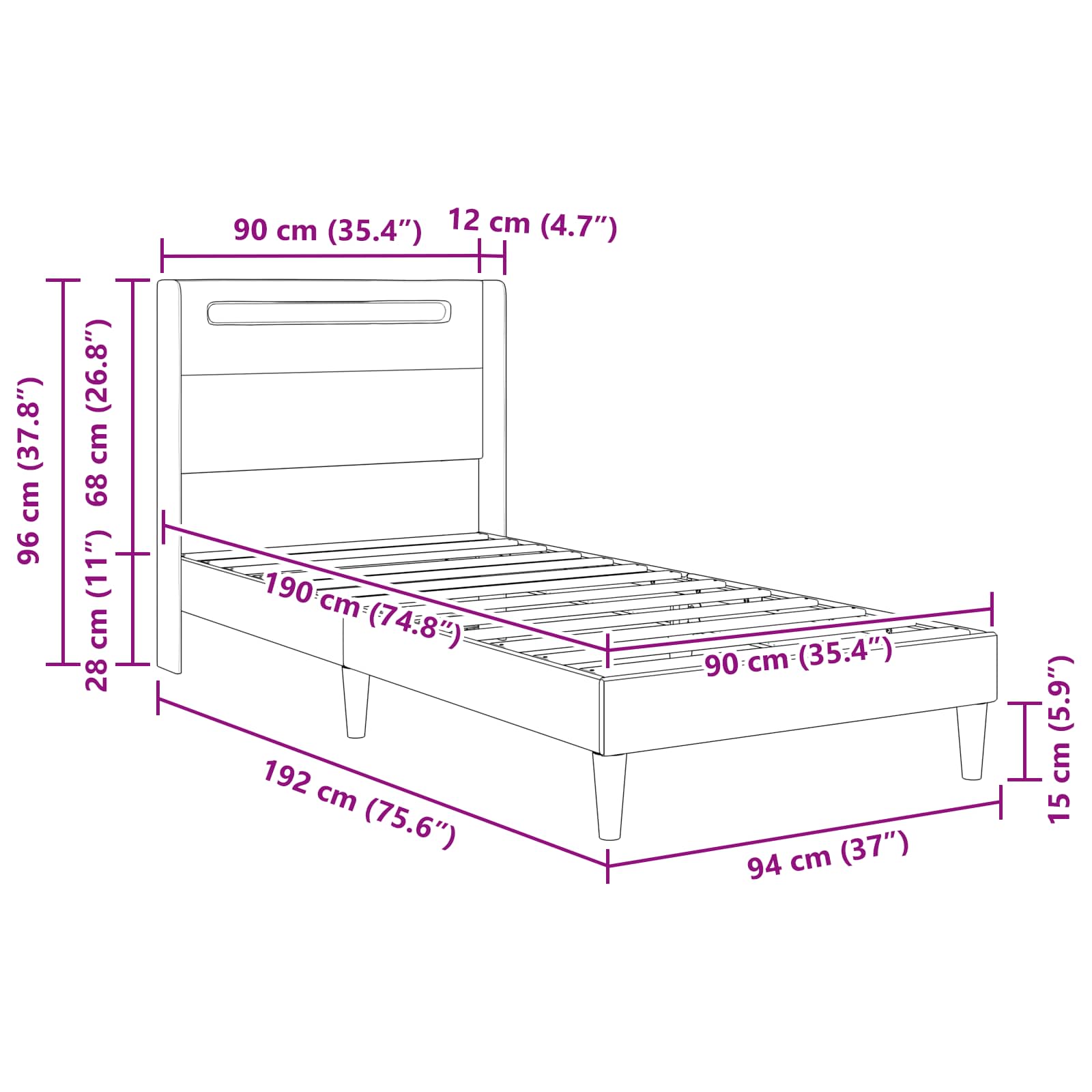 Bed Frame with LED Strip Lights Black 90 x 190 cm Faux Leather