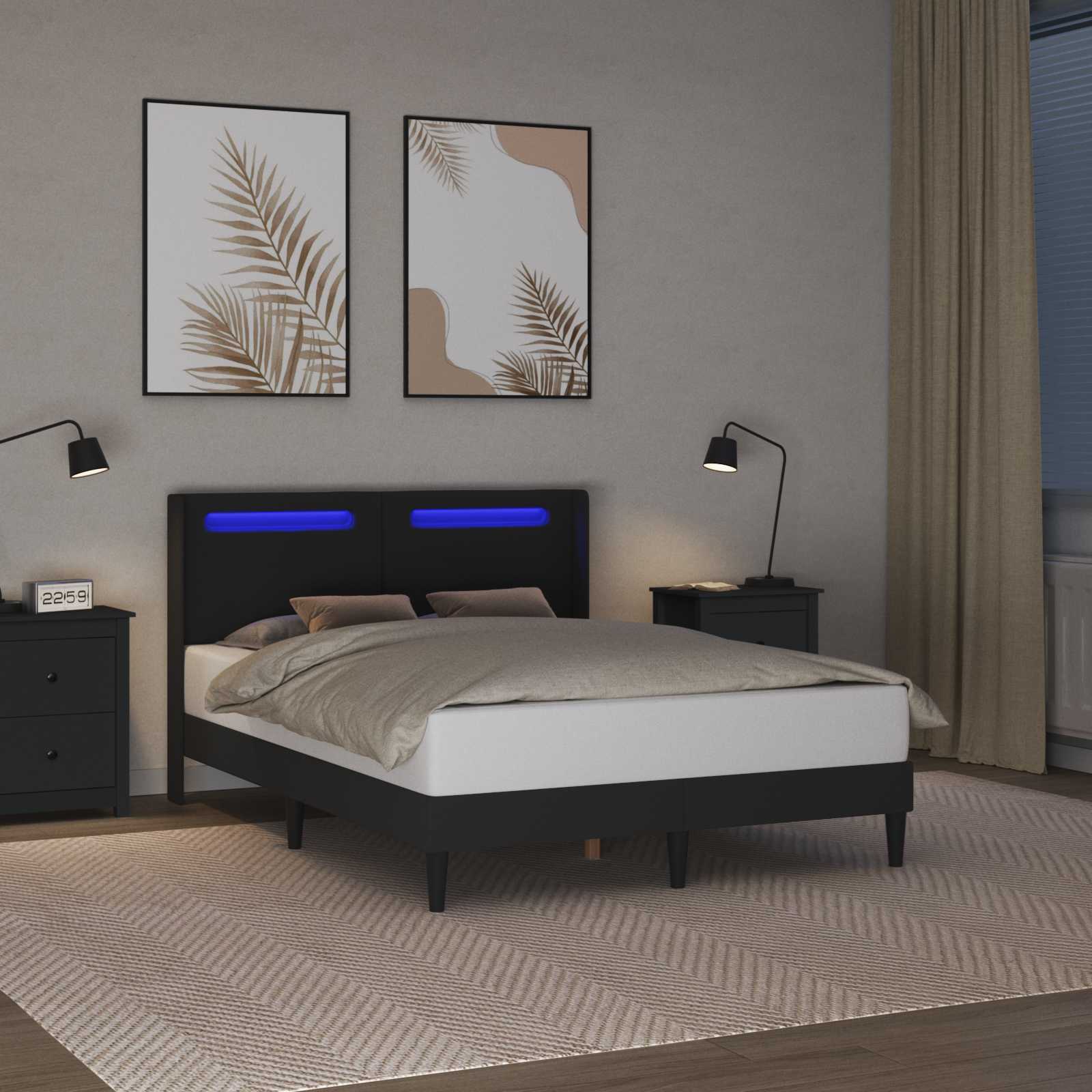 Bed Frame with LED Strip Lights with Headboard Faux Leather
