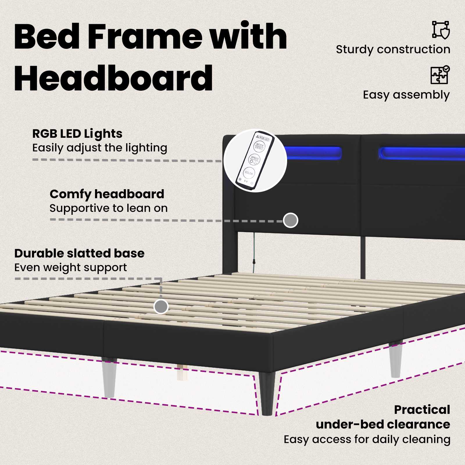 Bed Frame with LED Strip Lights with Headboard Faux Leather
