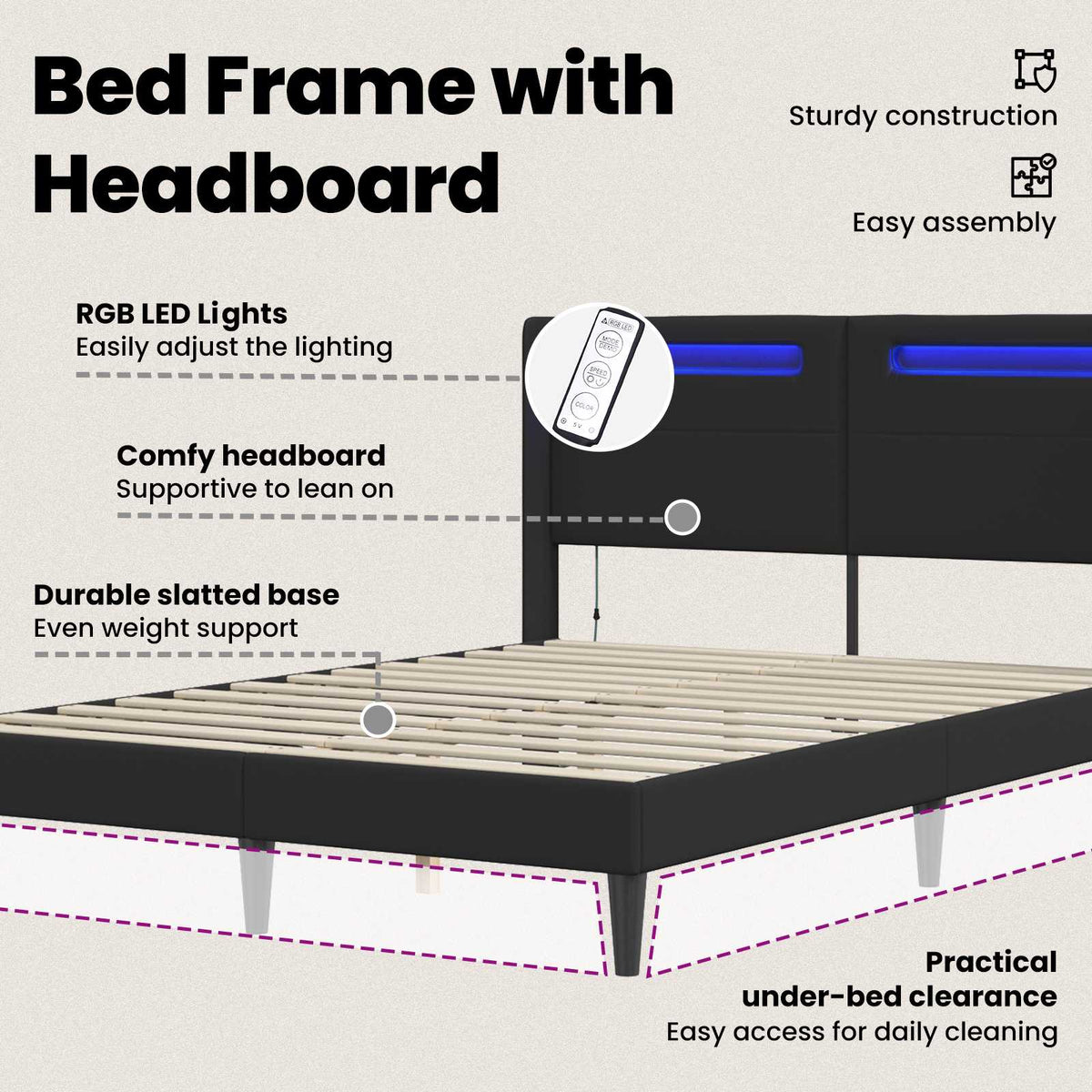Bed Frame with LED Strip Lights with Headboard Faux Leather