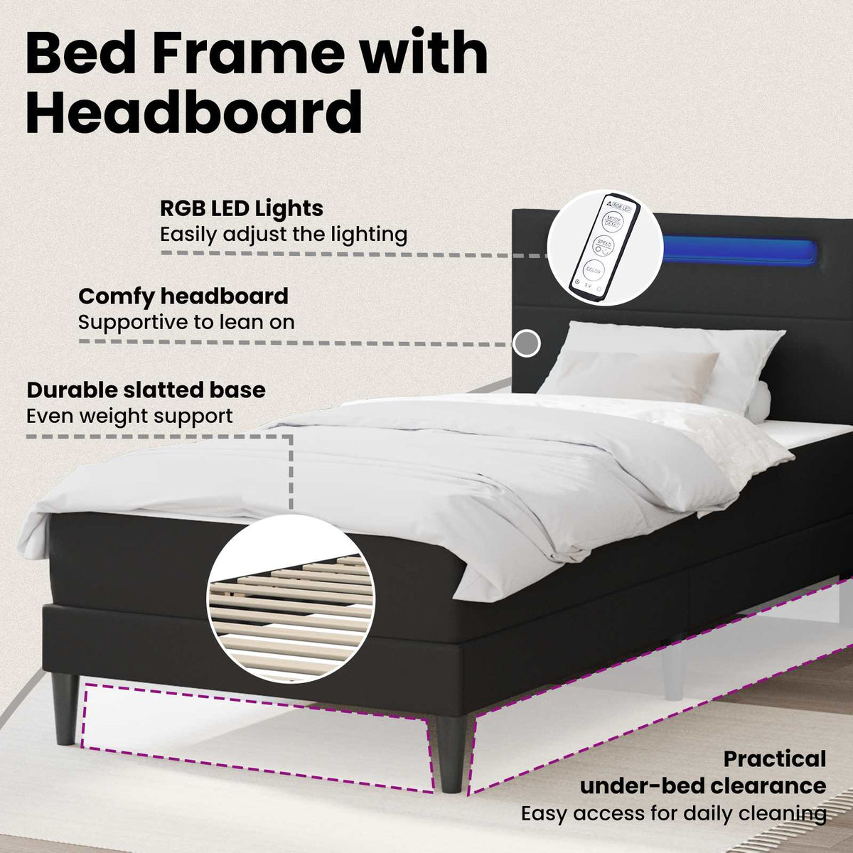 Bed Frame with LED Strip Lights Black 90 x 190 cm Faux Leather