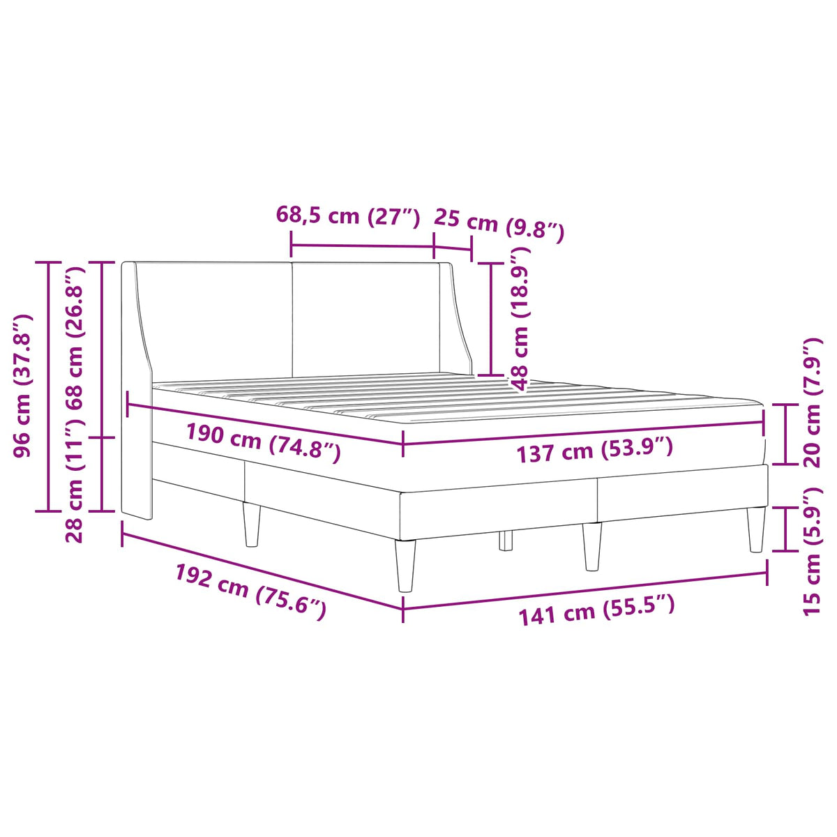 Bed Frame with Mattress Dark Grey 137 x 190 cm Fabric