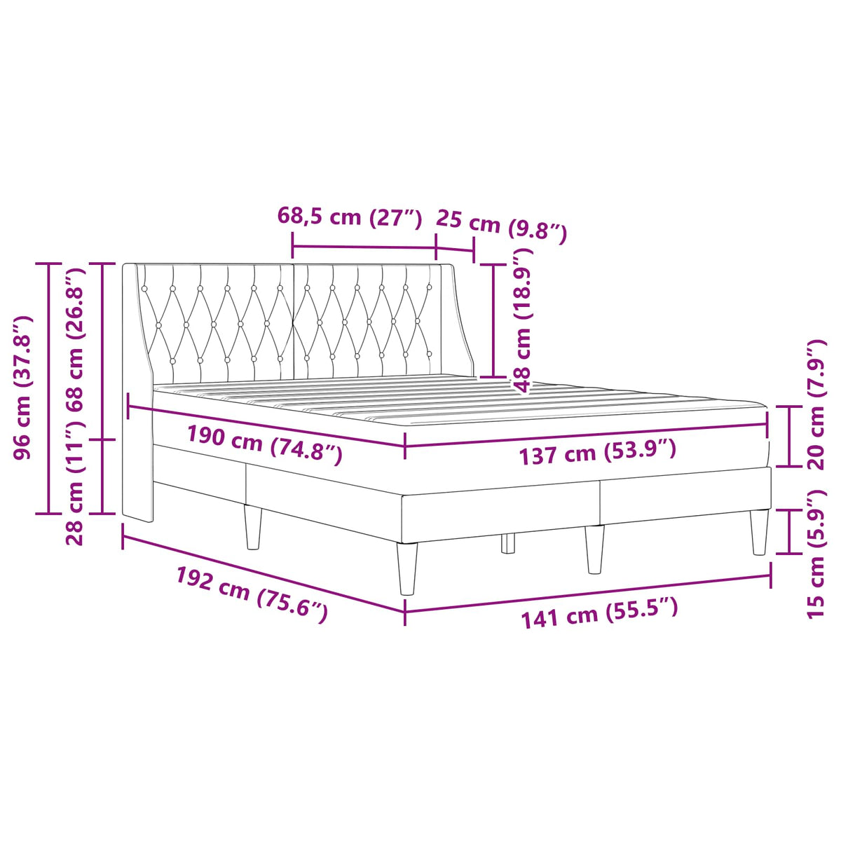 Bed Frame with Mattress Dark Grey 137 x 190 cm Velvet