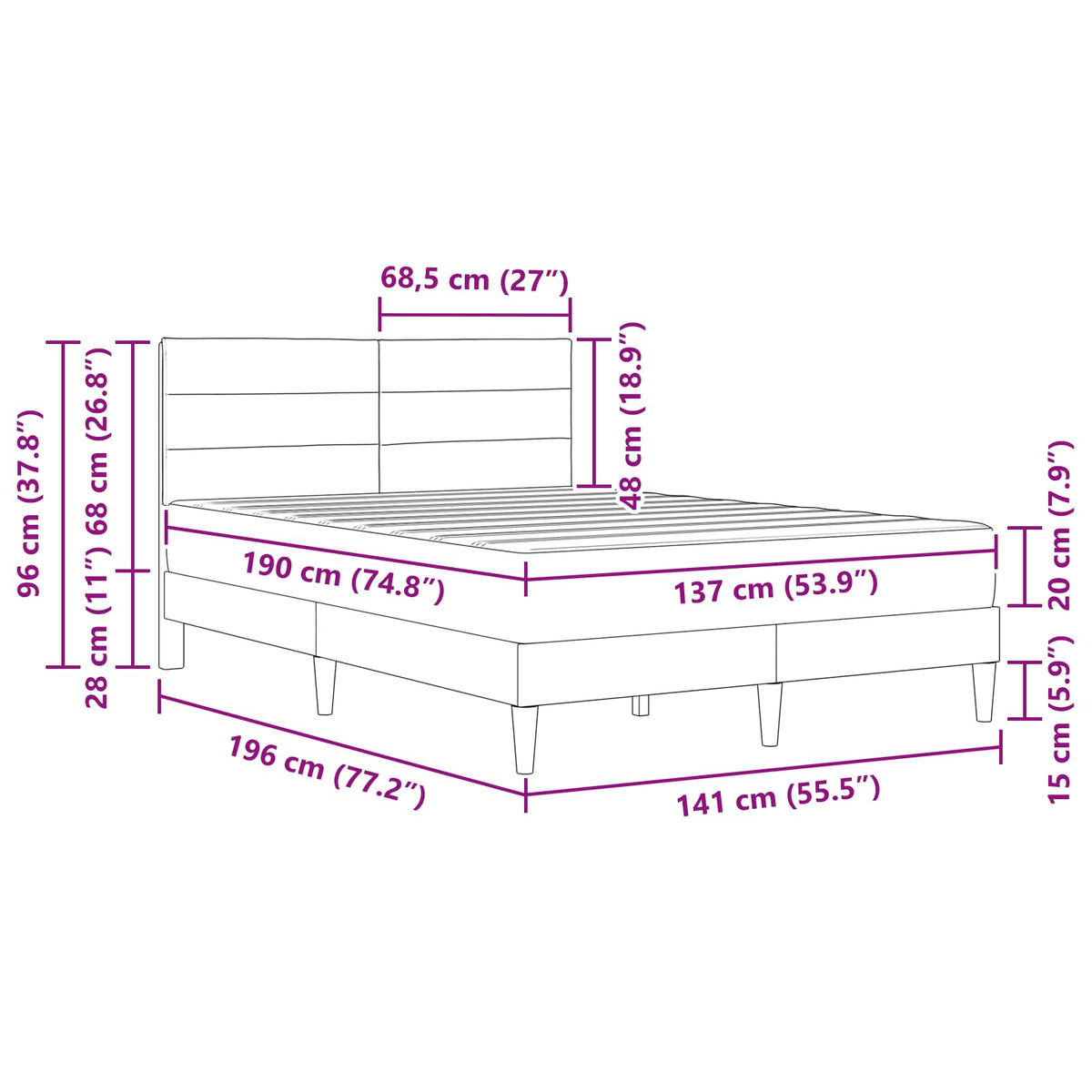 Bed Frame with Mattress Dark Grey 137 x 190 cm Fabric