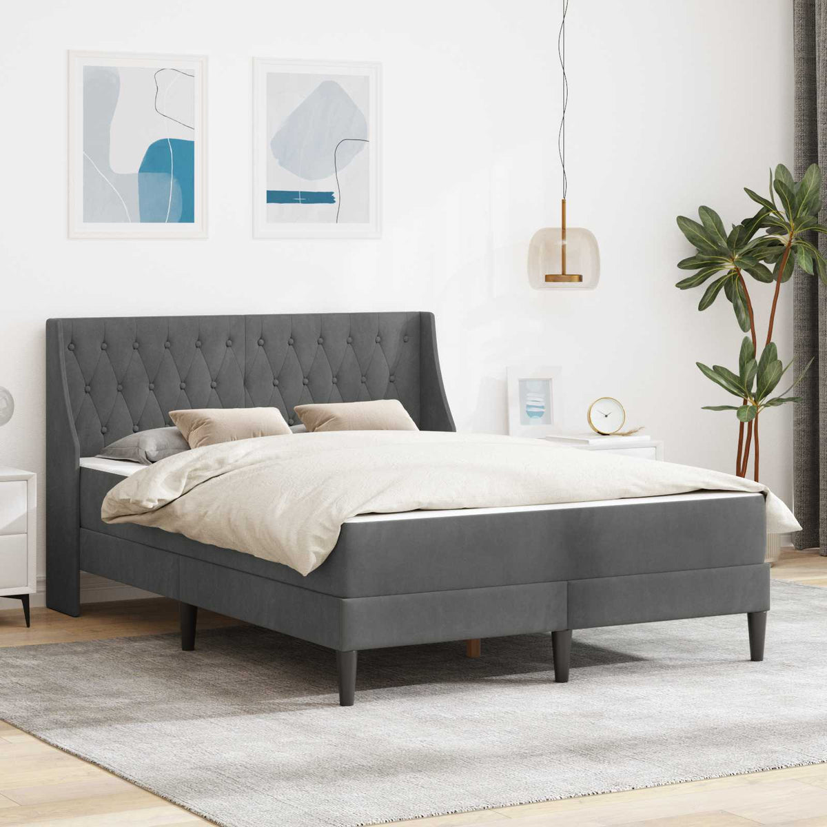 Bed Frame with Mattress with Mattress 2 pcs Dark Grey Velvet