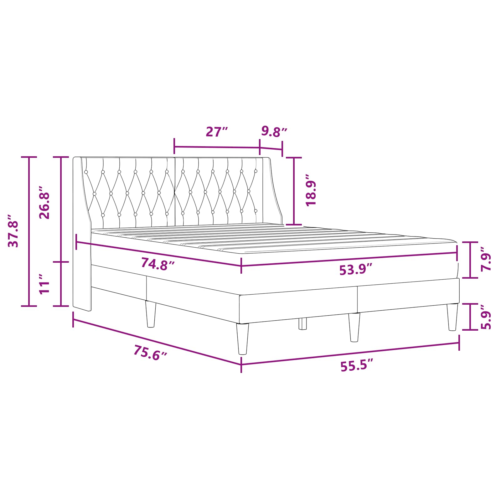 Bed Frame with Mattress Dark Grey 137 x 190 cm Velvet