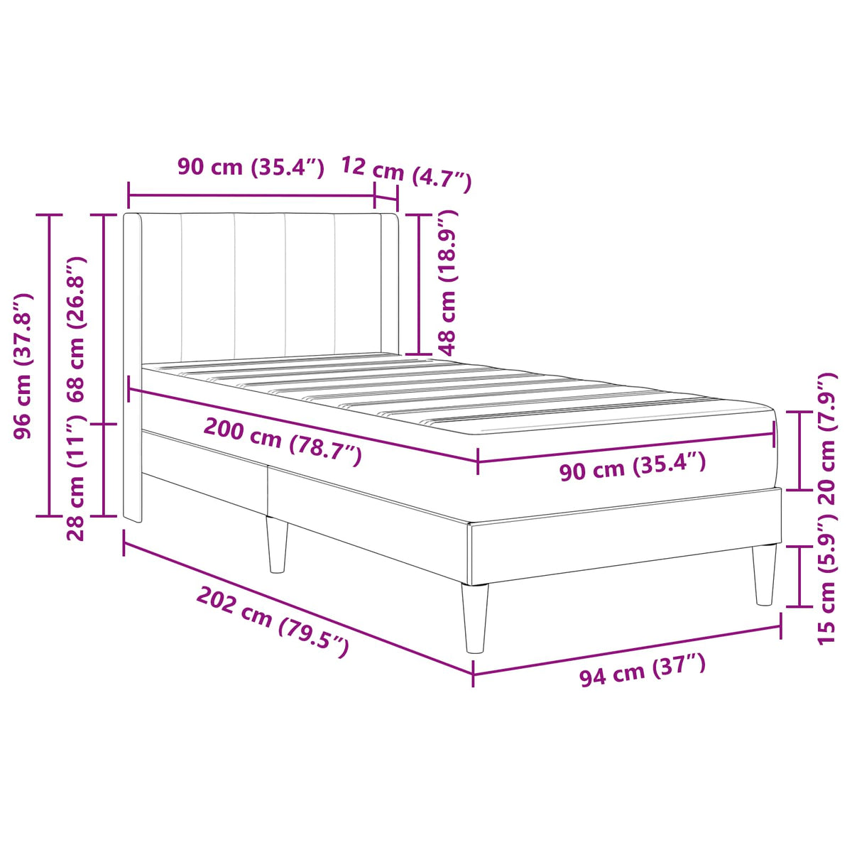 Bed Frame with Mattress Dark Grey 90 x 200 cm Velvet