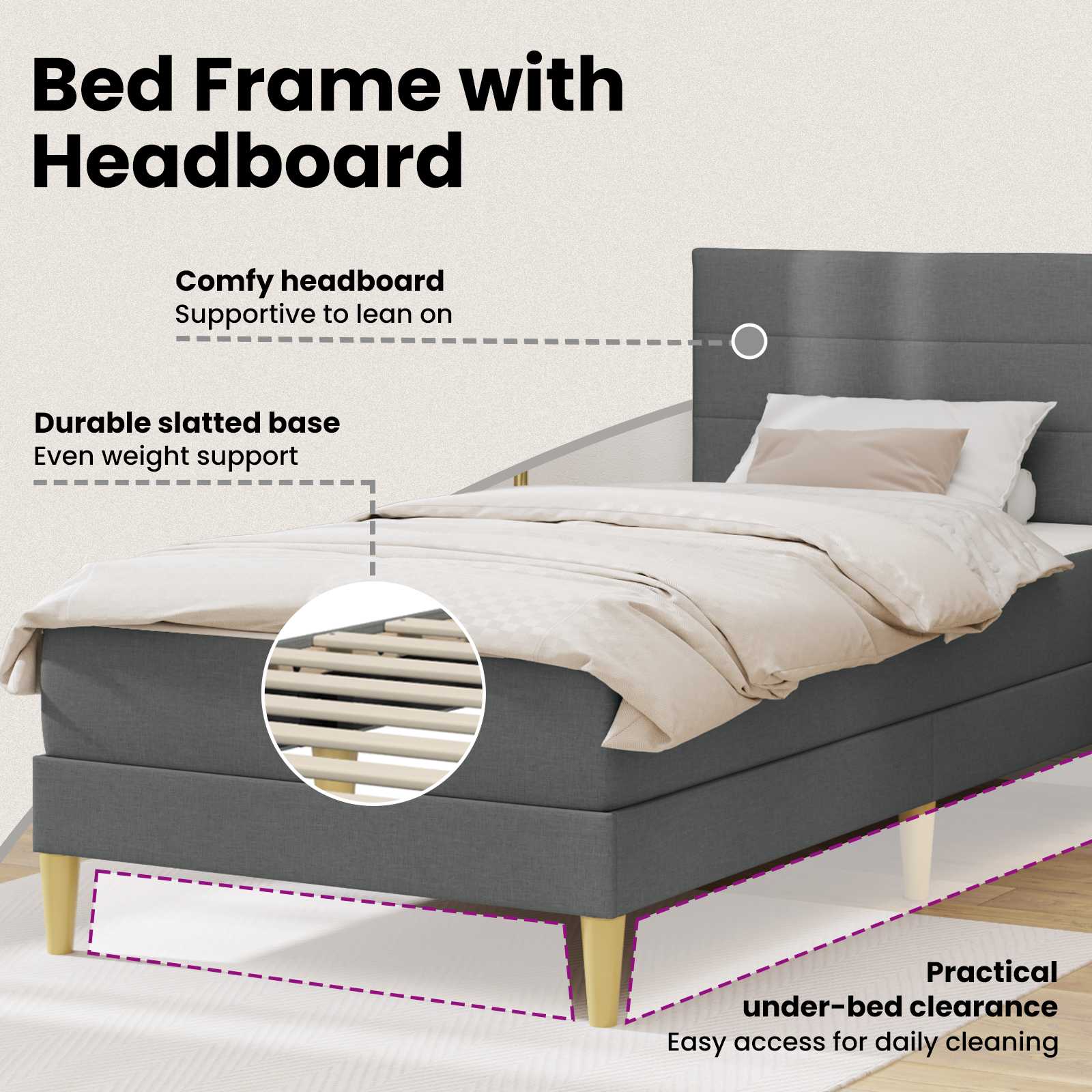 Bed Frame with Mattress Dark Grey 107 x 203 cm Fabric