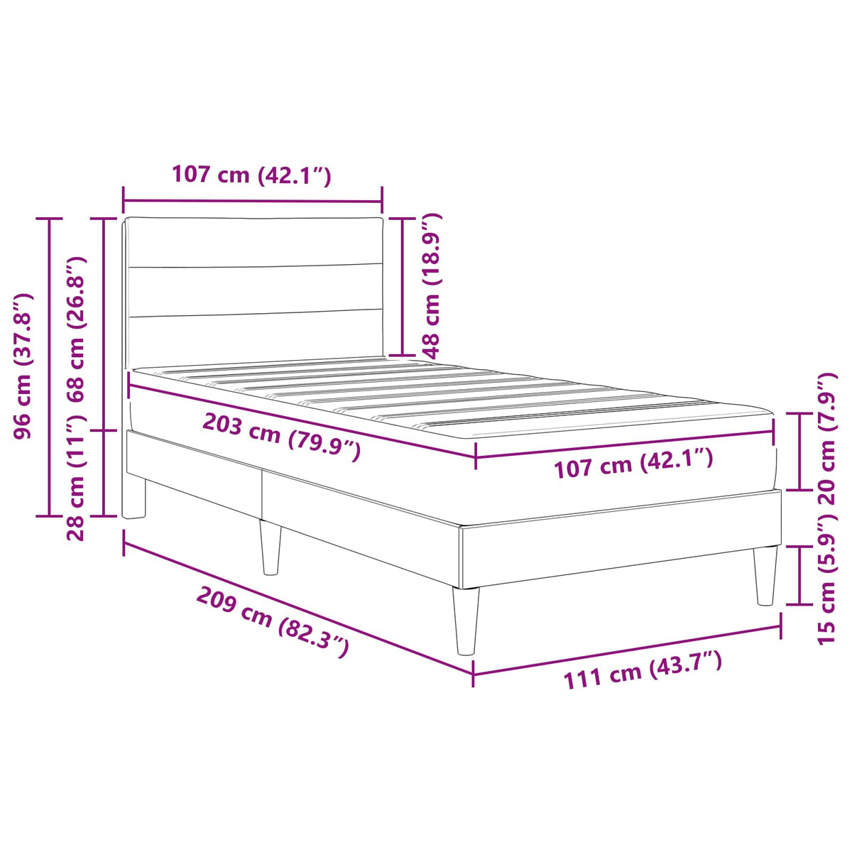Bed Frame with Mattress 2 pcs Dark Grey 107 x 203 cm Fabric