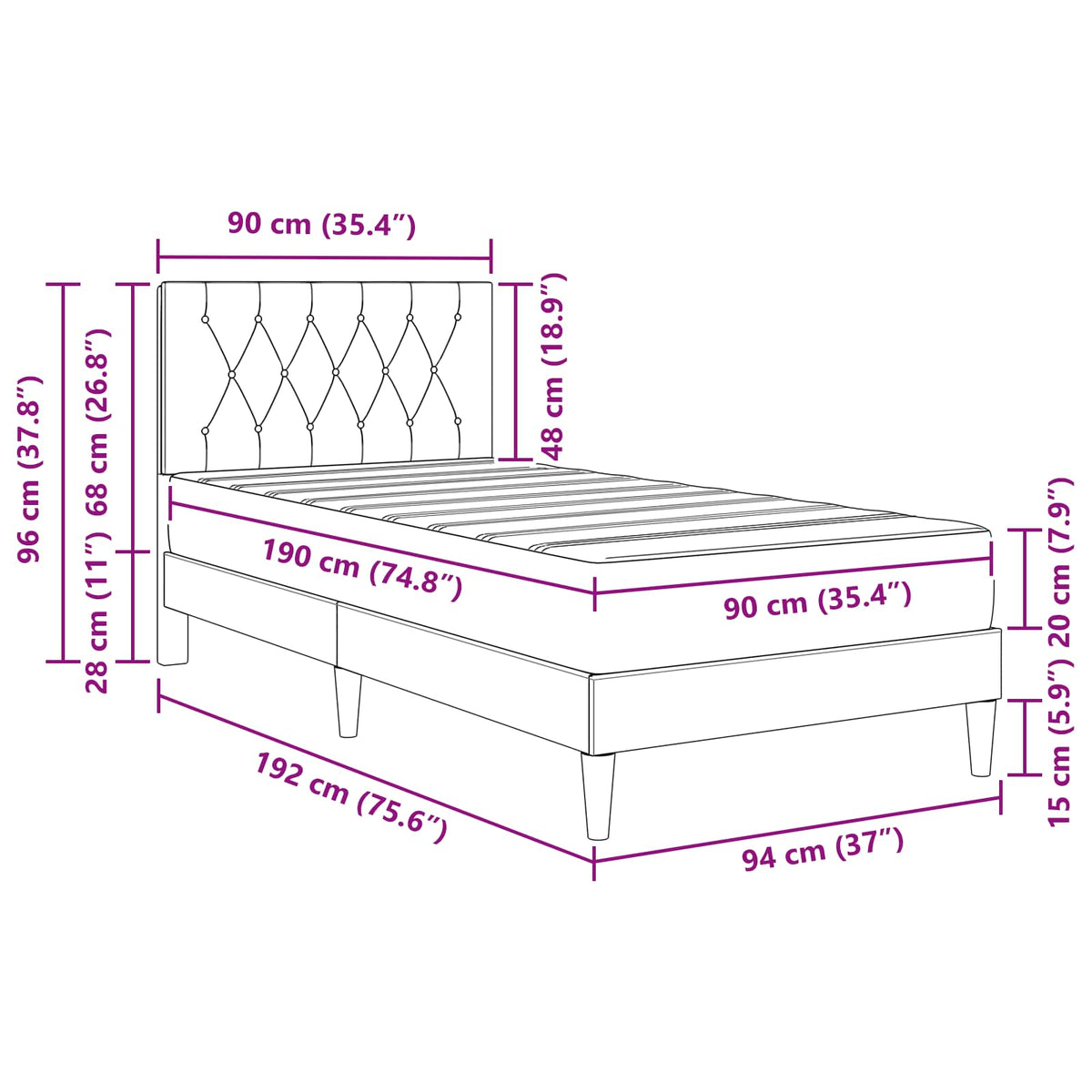 Bed Frame with Mattress Dark Grey 90 x 190 cm Velvet