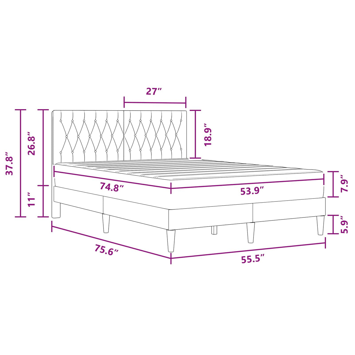 Bed Frame with Mattress Dark Grey 137 x 190 cm Velvet