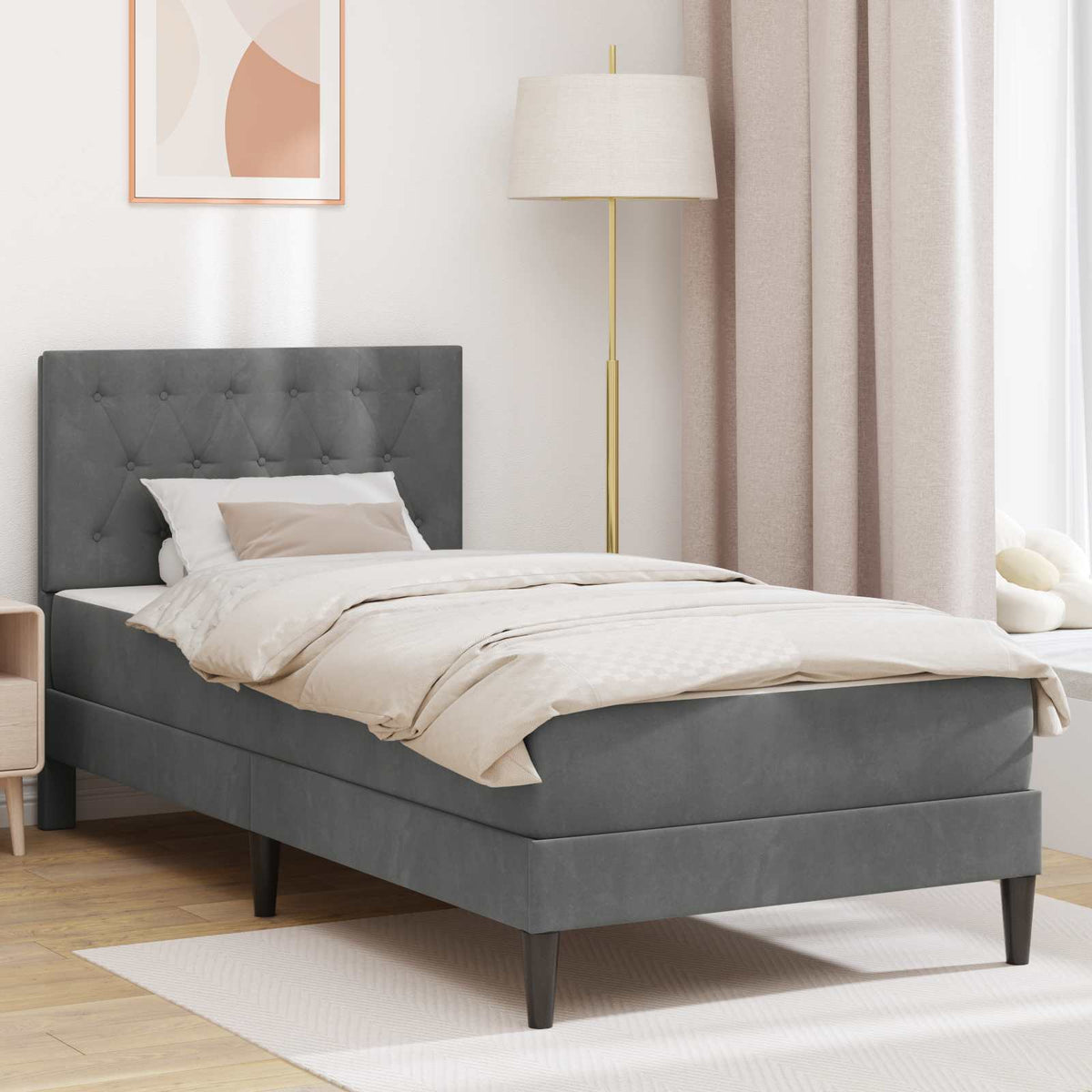 Bed Frame with Mattress Dark Grey 107 x 203 cm Velvet