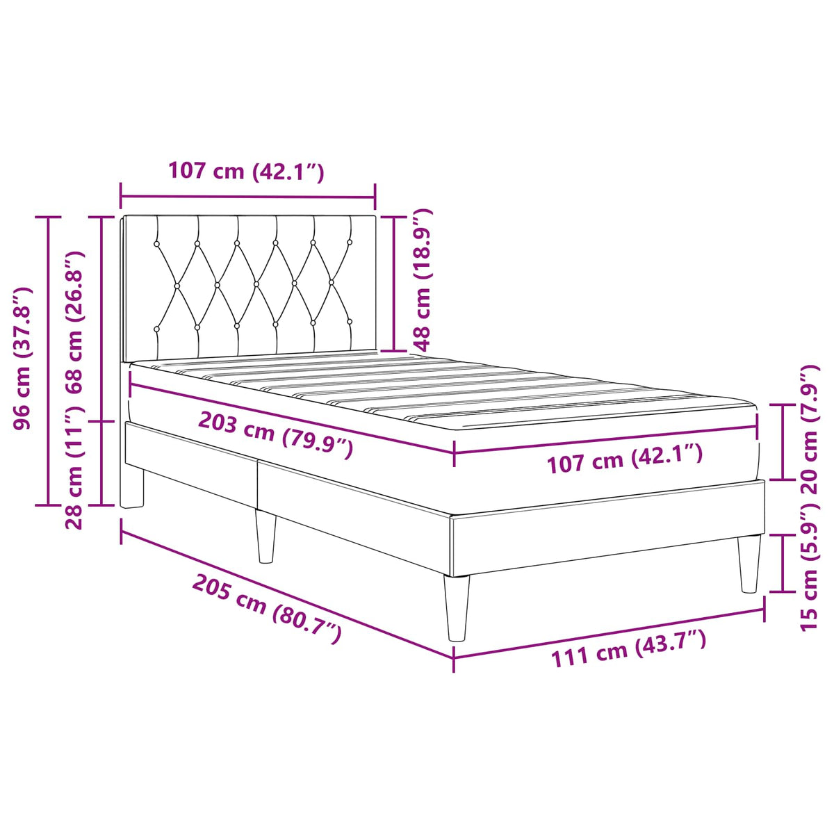 Bed Frame with Mattress Dark Grey 107 x 203 cm Velvet