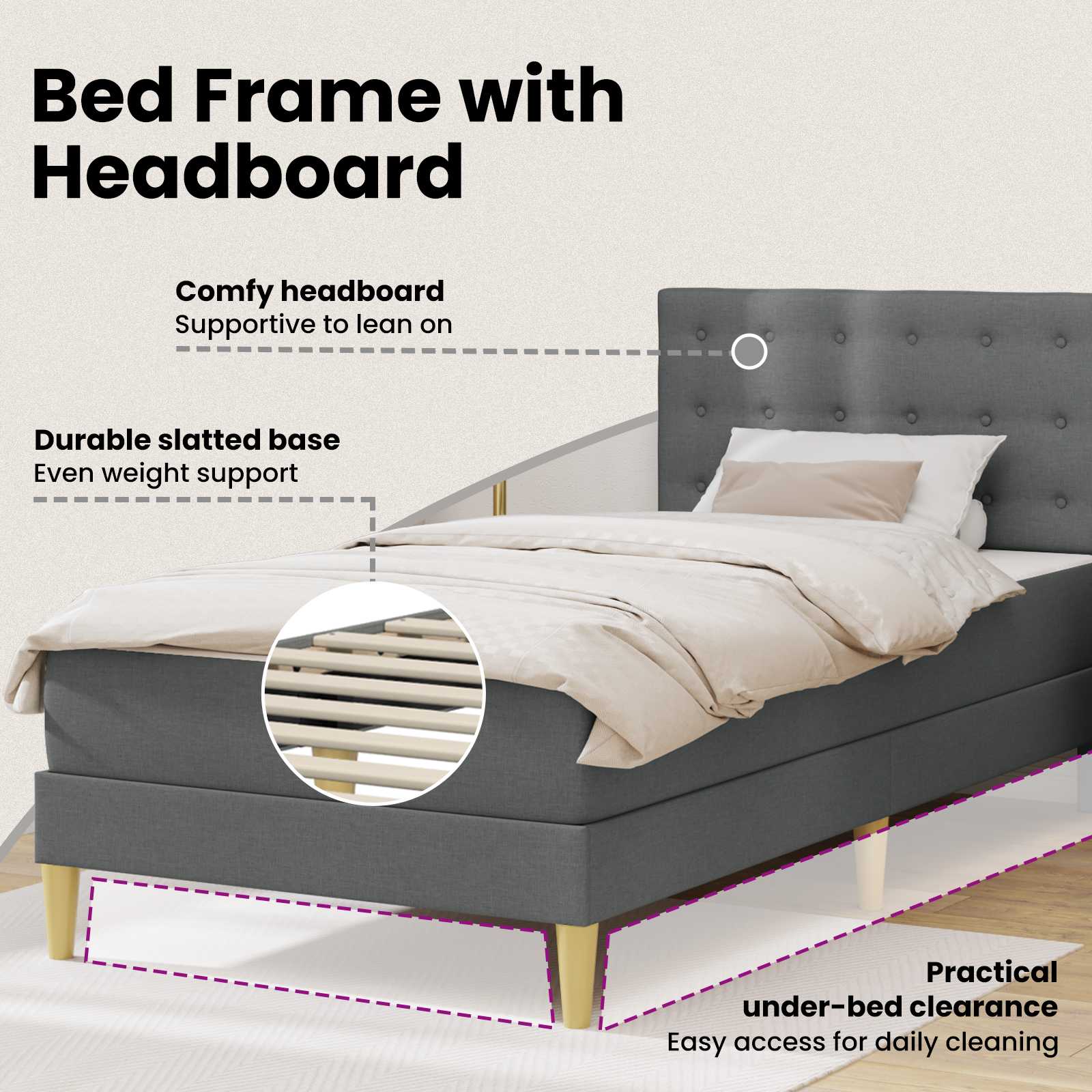 Bed Frame with Mattress Dark Grey 107 x 203 cm Fabric