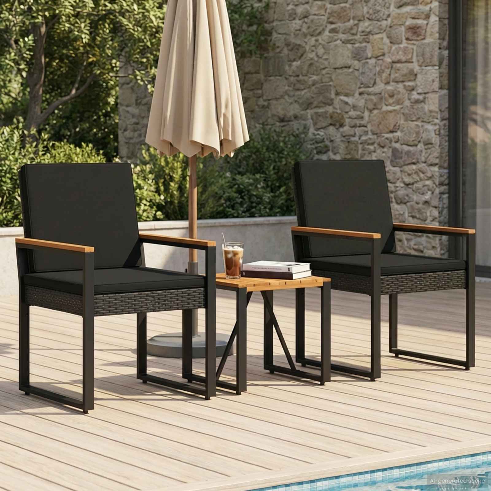 Outdoor Furniture Set with Cushion 3 pcs Black Poly Rattan