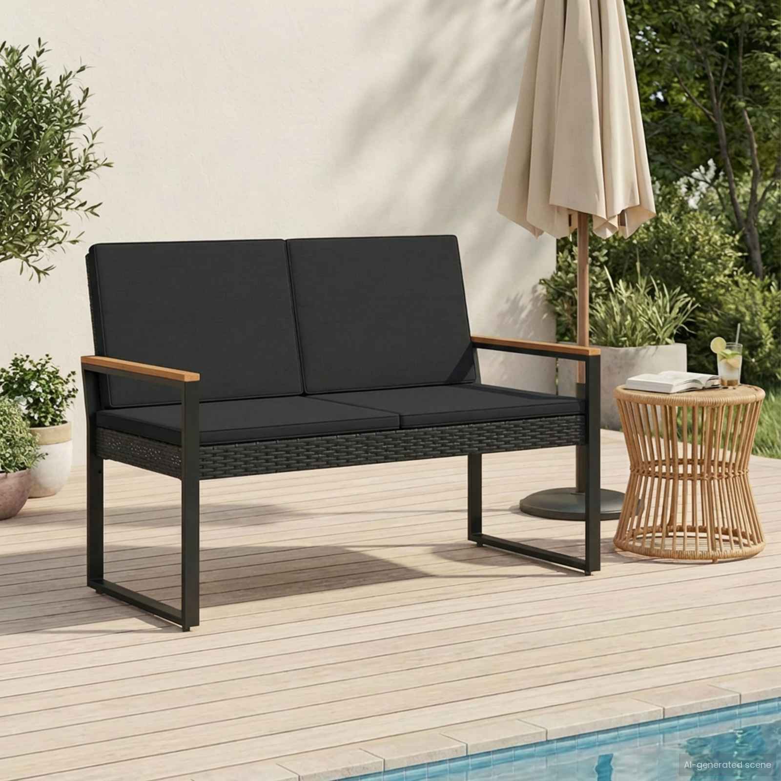 Outdoor Bench with Cushion Black 107 x 61 x 80 cm Poly Rattan