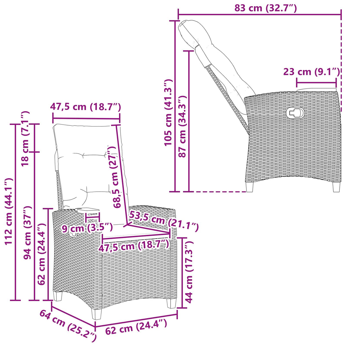 reclining chair with tea plate 62 x 64 x 112 cm Poly Rattan