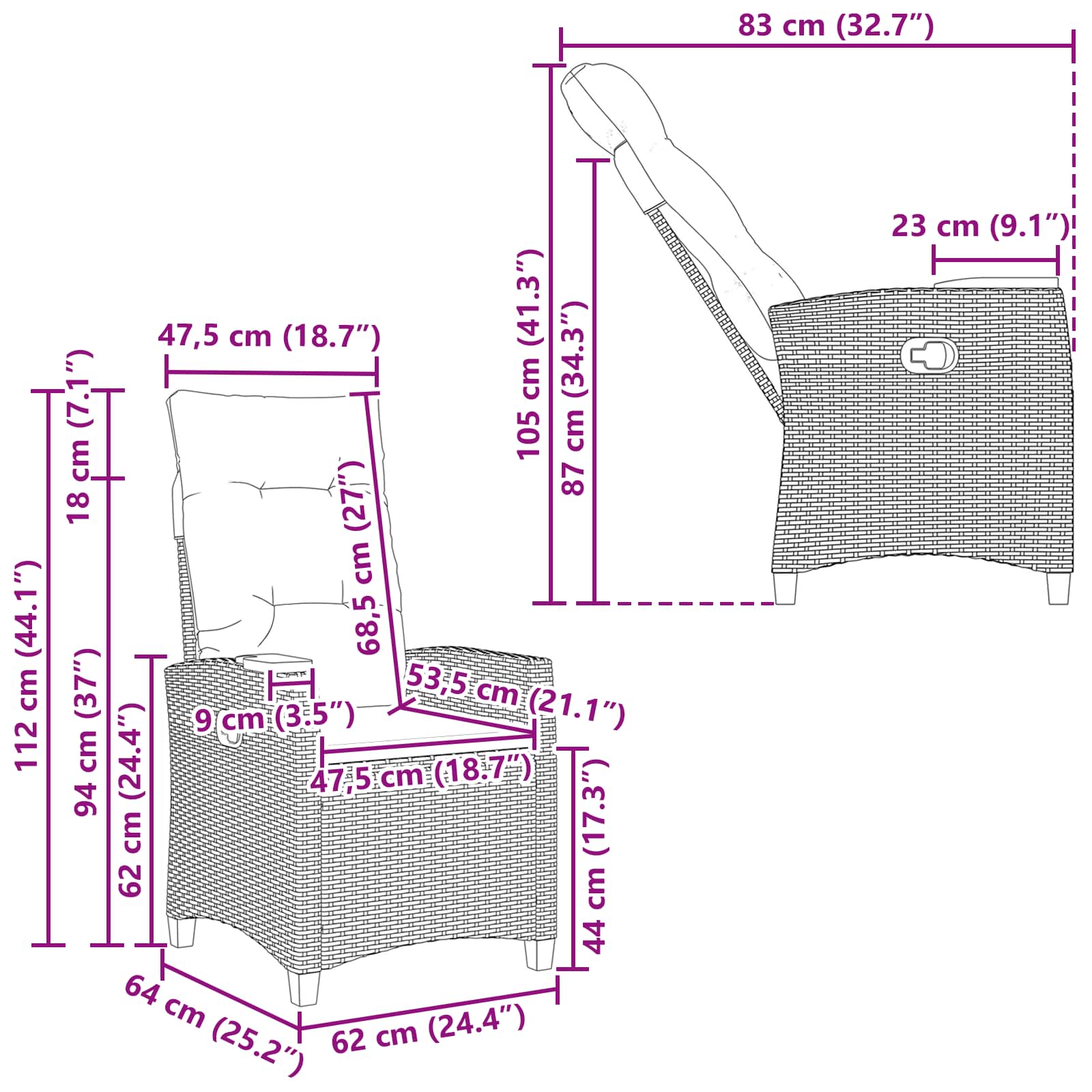 reclining chair with tea plate 62 x 64 x 112 cm Poly Rattan