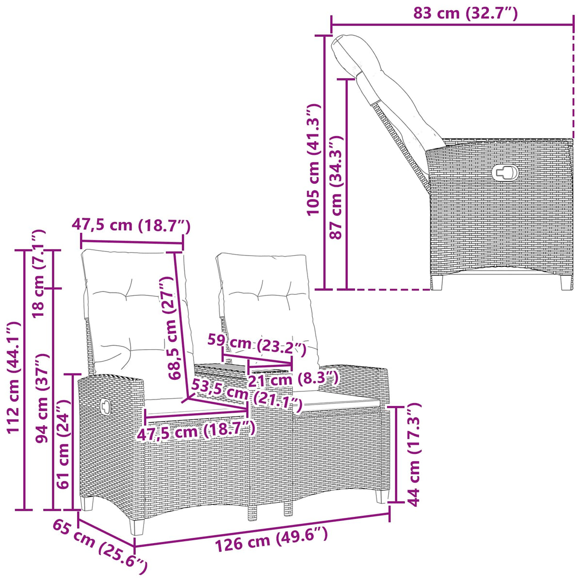 Reclining Bench with Table Grey and Dark Grey 126 x 65 x 112 cm