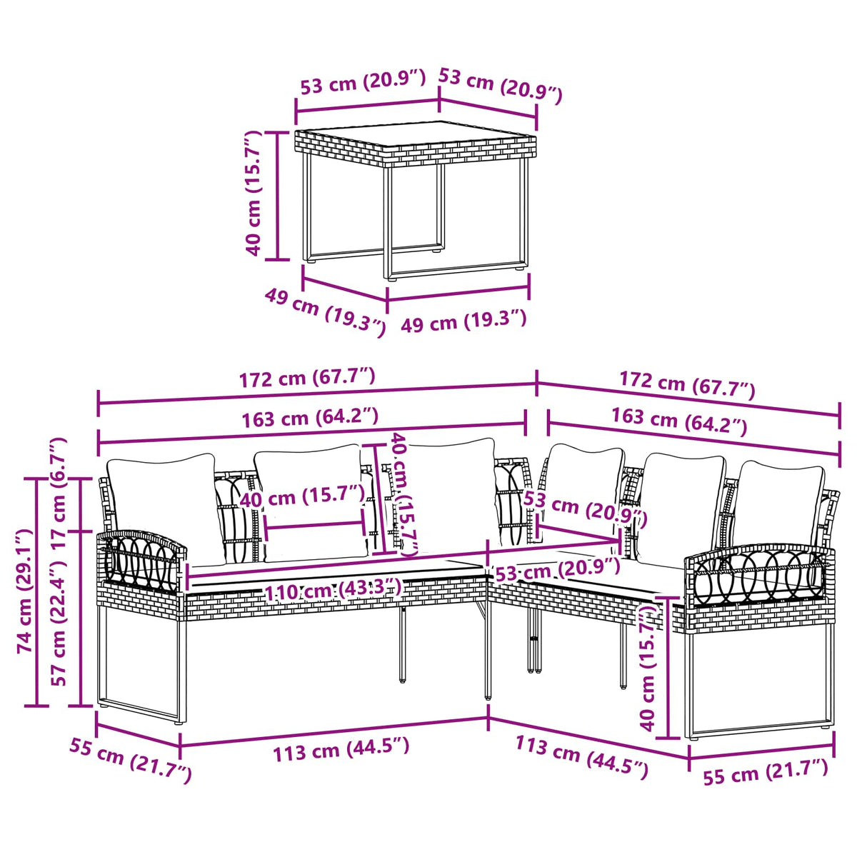 Garden sofa set with Cushion 2 pcs Grey Poly Rattan and Steel