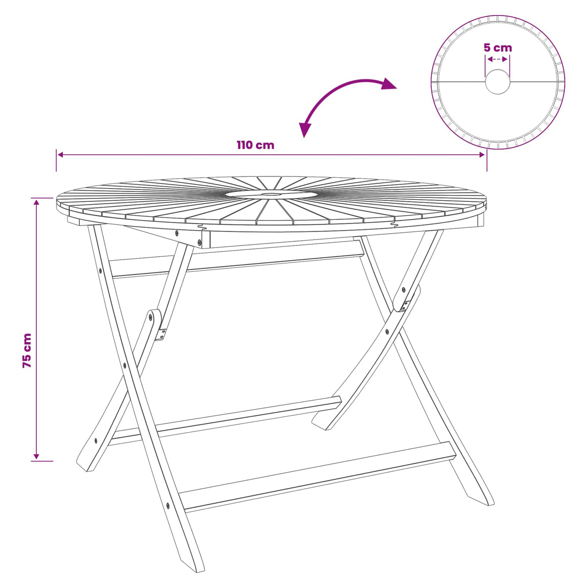 Folding Garden Table Natural Ø110 x 75 cm Solid Acacia Wood