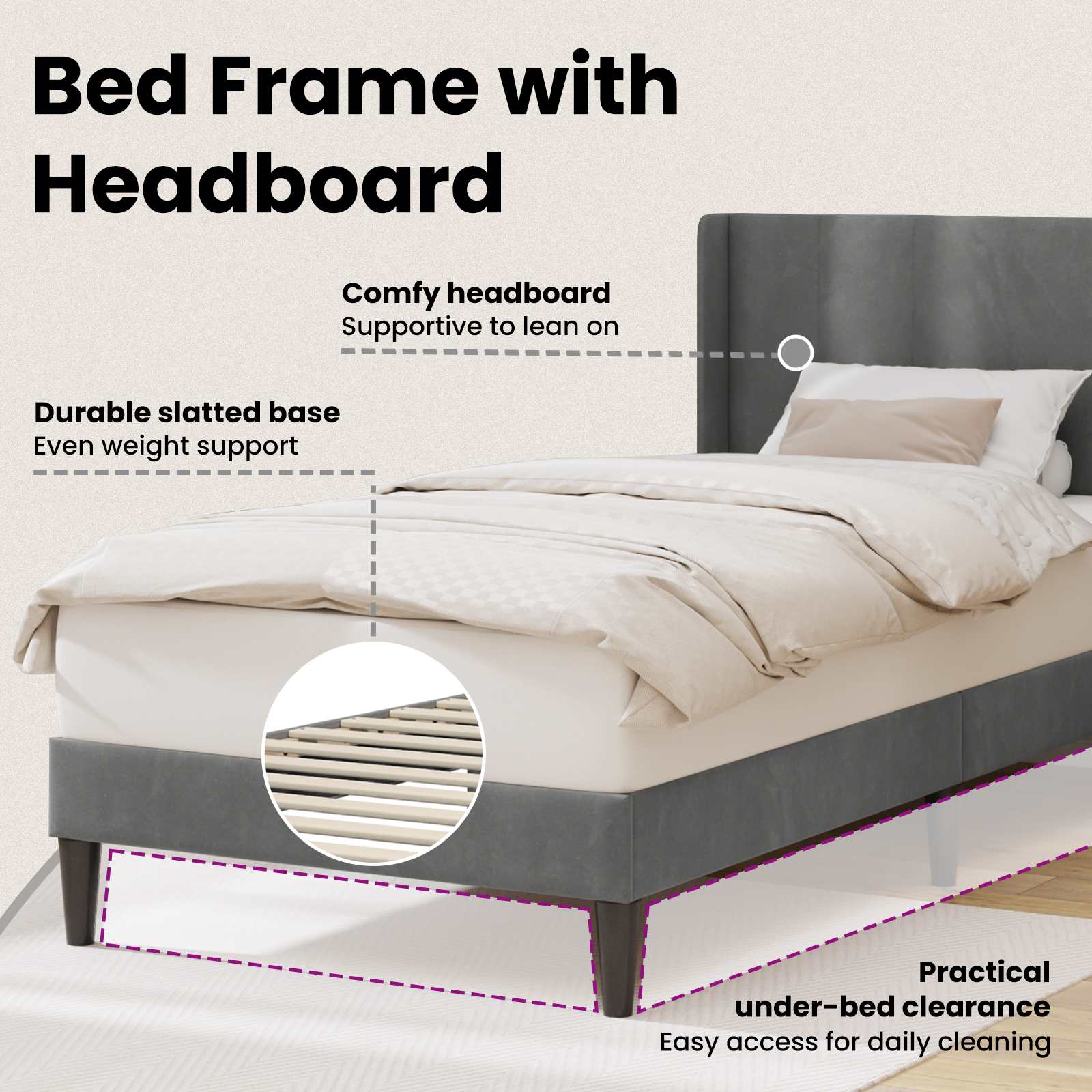 Bed Frame with Headboard Dark Grey connect plate