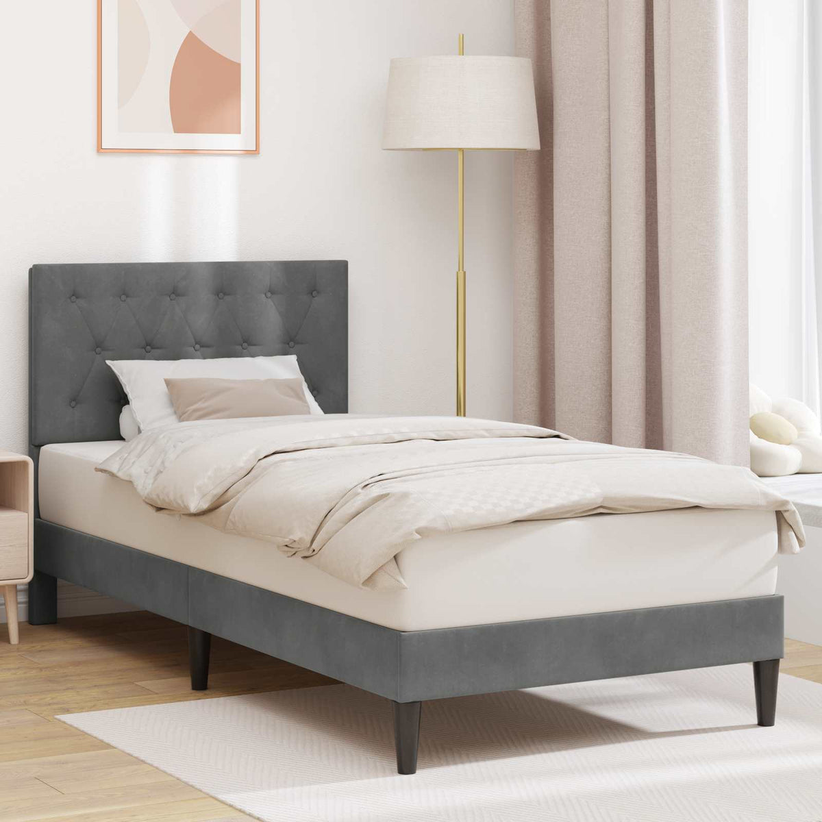 Bed Frame with Headboard Dark Grey 107 x 203 cm Velvet